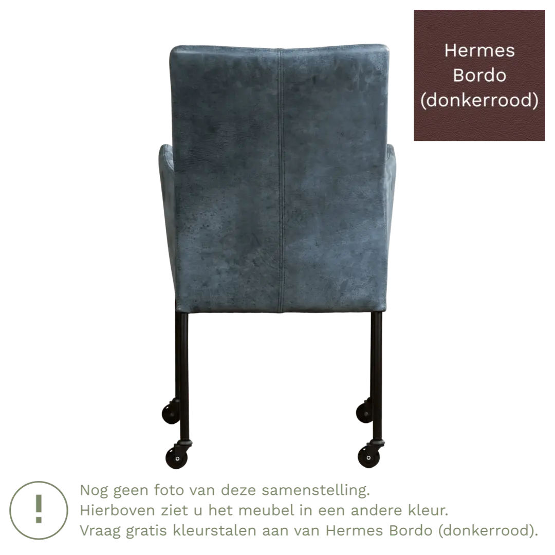 afbeelding van Leren eetkamerstoel Comfort met wieltjes en armleuning - Hermes Bordo (donkerrood) - Poten staal rond RVS