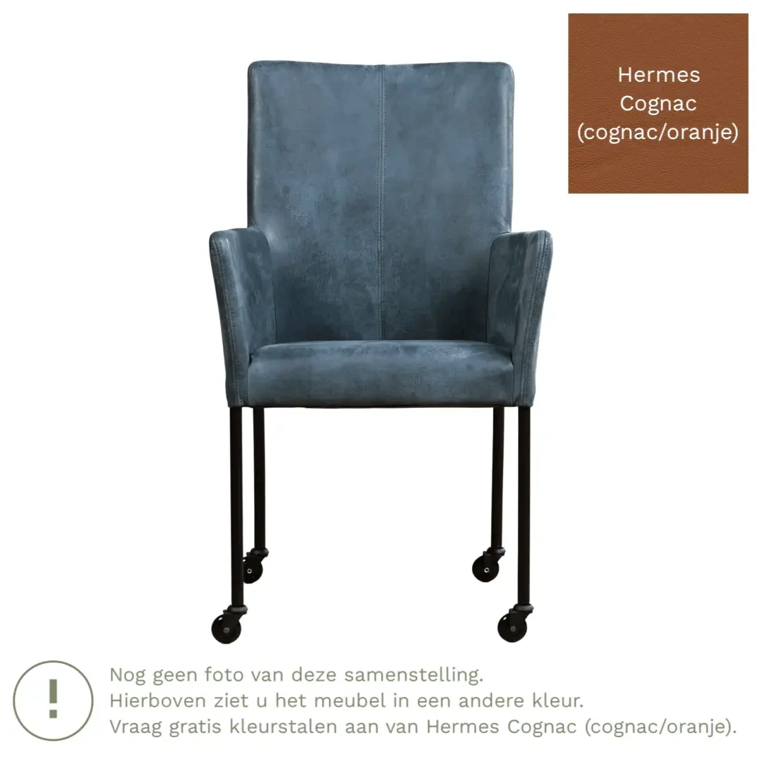 afbeelding van Leren eetkamerstoel Comfort met wieltjes en armleuning - Hermes Cognac (cognac/oranje) - Poten staal rond RVS