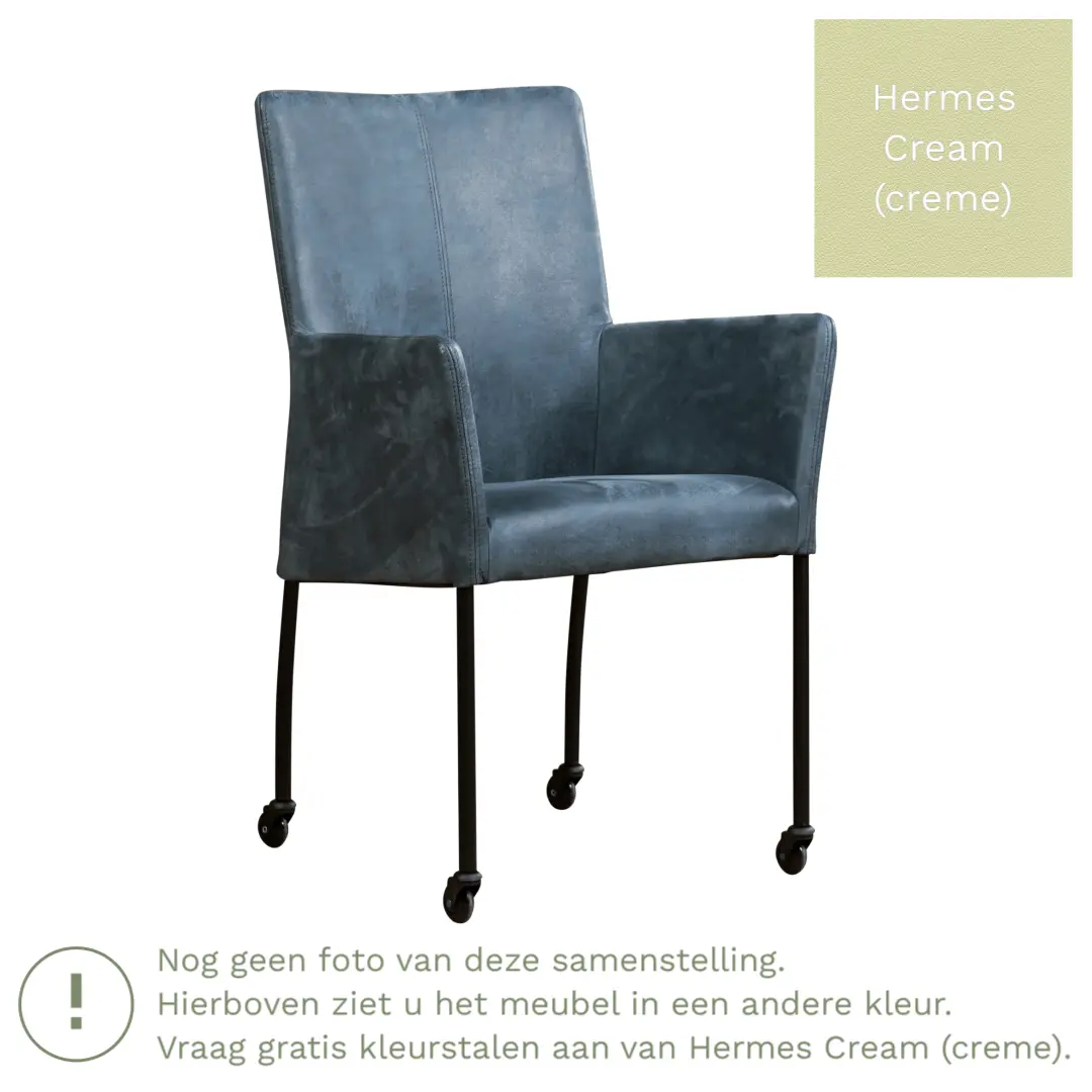 afbeelding van Leren eetkamerstoel Comfort met wieltjes en armleuning - Hermes Cream (crème) - Poten staal vierkant zwart