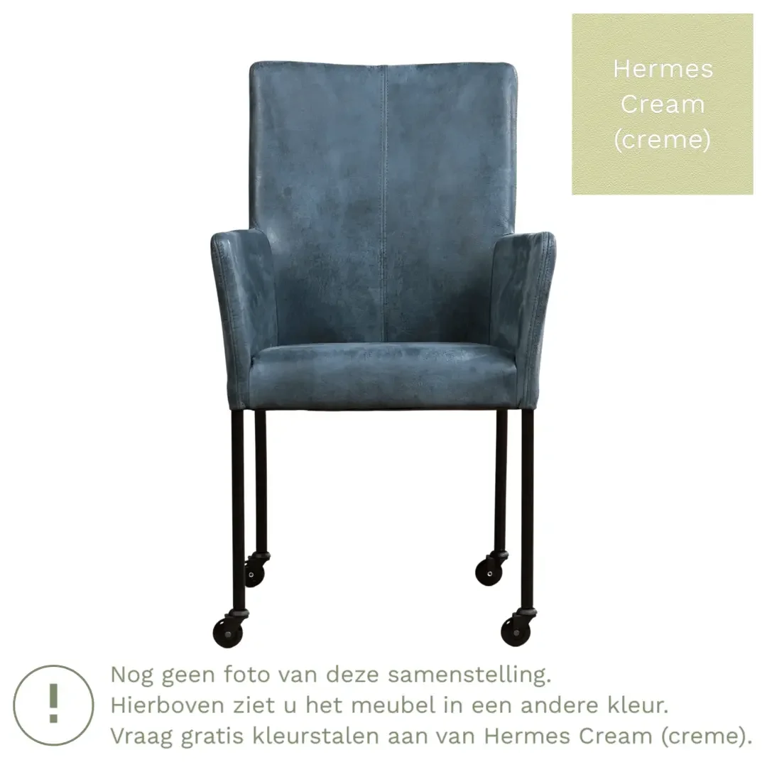 afbeelding van Leren eetkamerstoel Comfort met wieltjes en armleuning - Hermes Cream (crème) - Poten staal vierkant zwart