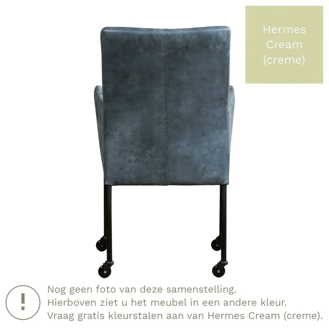 afbeelding van Leren eetkamerstoel Comfort met wieltjes en armleuning - Hermes Cream (crème) - Poten staal vierkant zwart