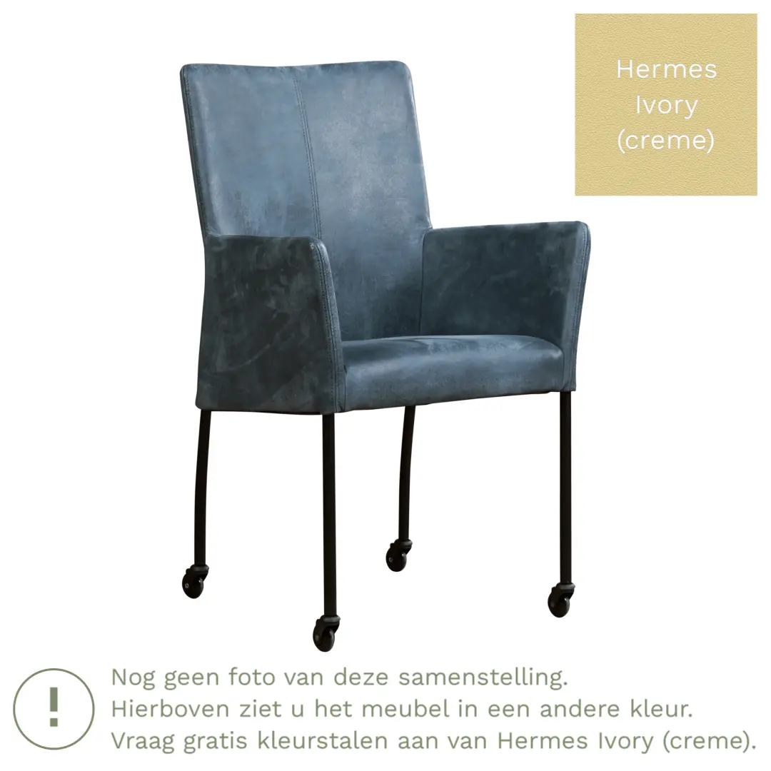 afbeelding van Leren eetkamerstoel Comfort met wieltjes en armleuning - Hermes Ivory (crème) - Poten staal rond RVS