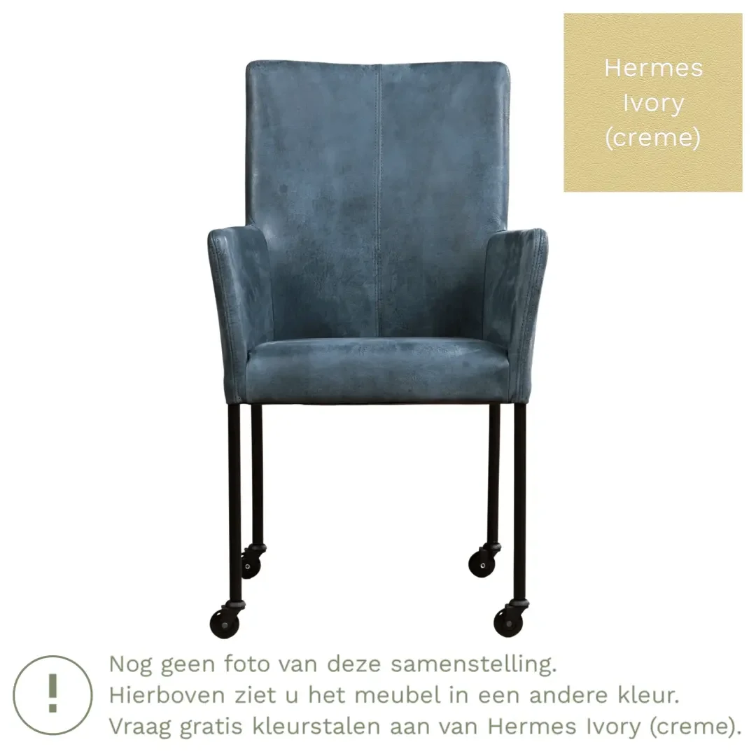 afbeelding van Leren eetkamerstoel Comfort met wieltjes en armleuning - Hermes Ivory (crème) - Poten staal rond RVS