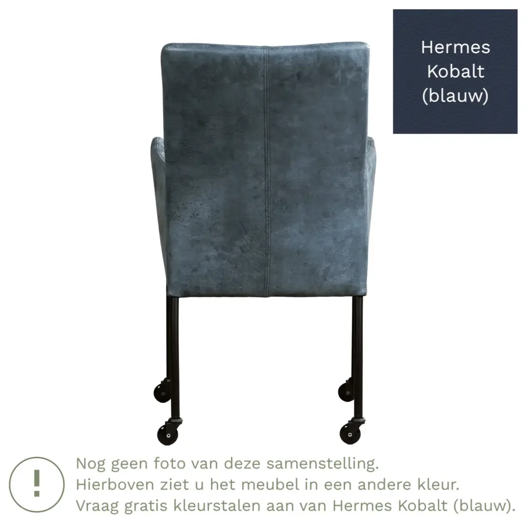 afbeelding van Leren eetkamerstoel Comfort met wieltjes en armleuning - Hermes Kobalt (blauw) - Poten staal vierkant zwart