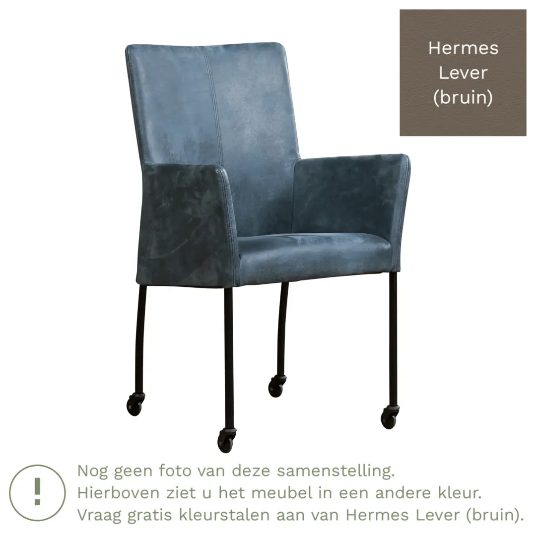 afbeelding van Leren eetkamerstoel Comfort met wieltjes en armleuning - Hermes Lever (bruin) - Poten staal vierkant RVS