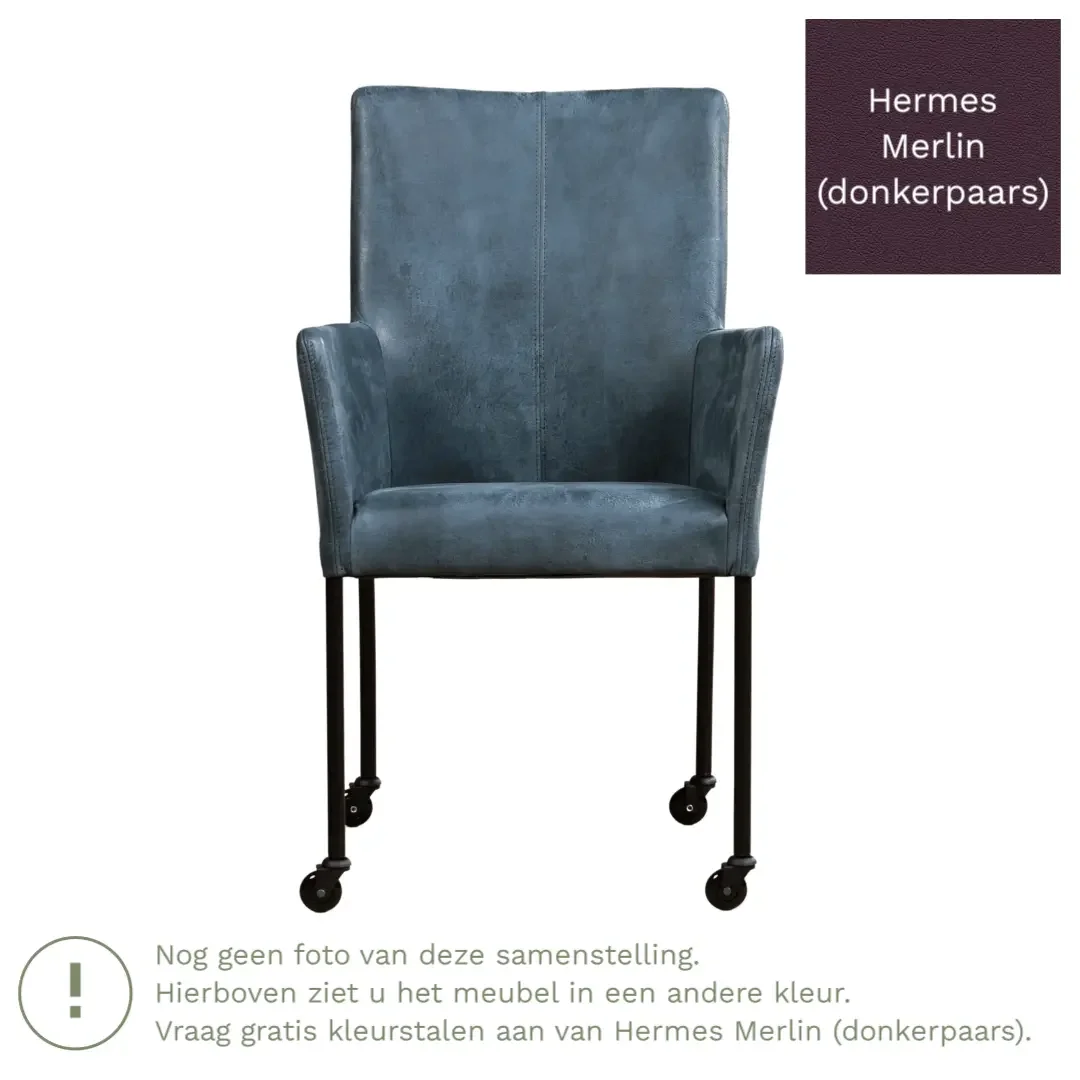 afbeelding van Leren eetkamerstoel Comfort met wieltjes en armleuning - Hermes Merlin (donkerpaars) - Poten staal rond RVS