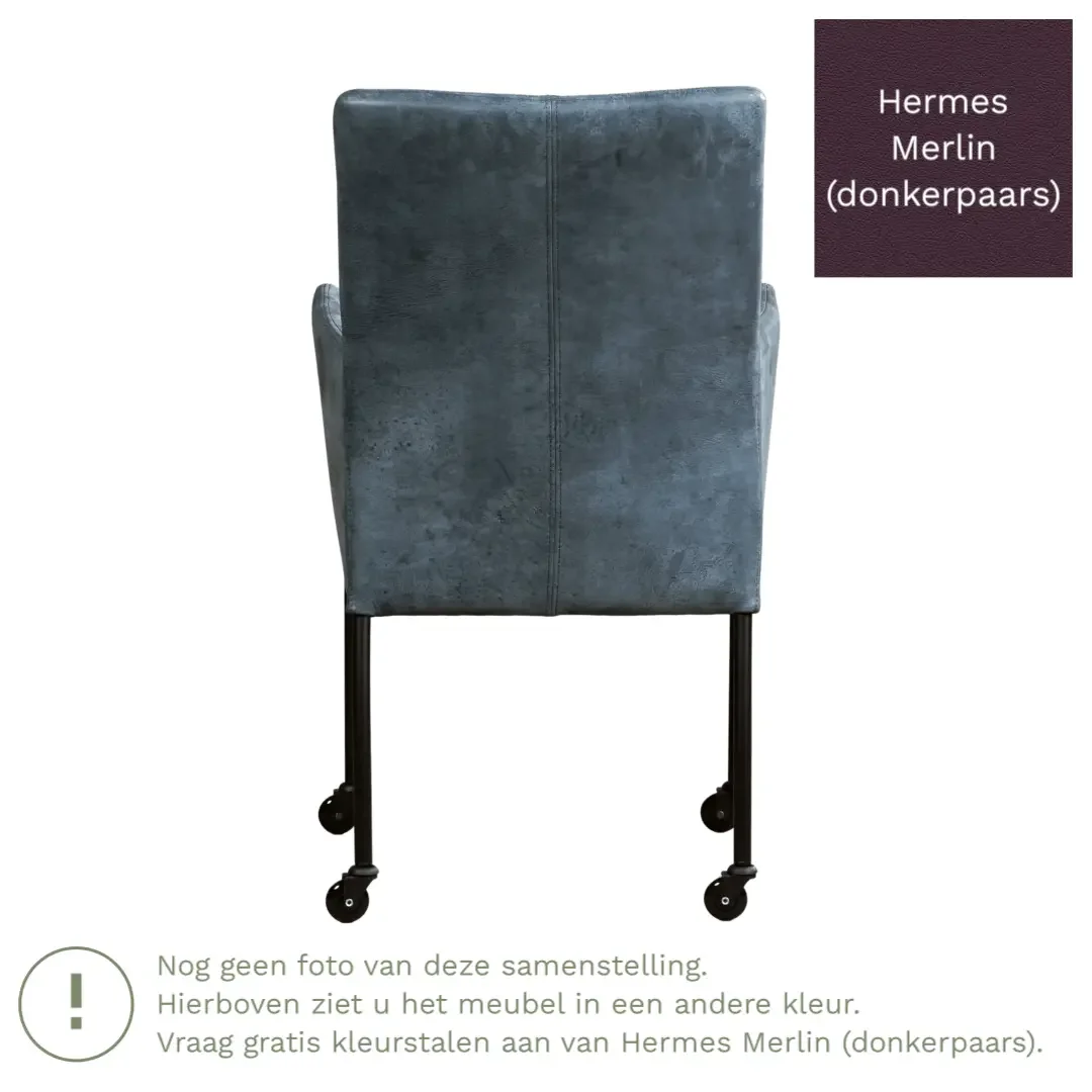 afbeelding van Leren eetkamerstoel Comfort met wieltjes en armleuning - Hermes Merlin (donkerpaars) - Poten staal rond RVS