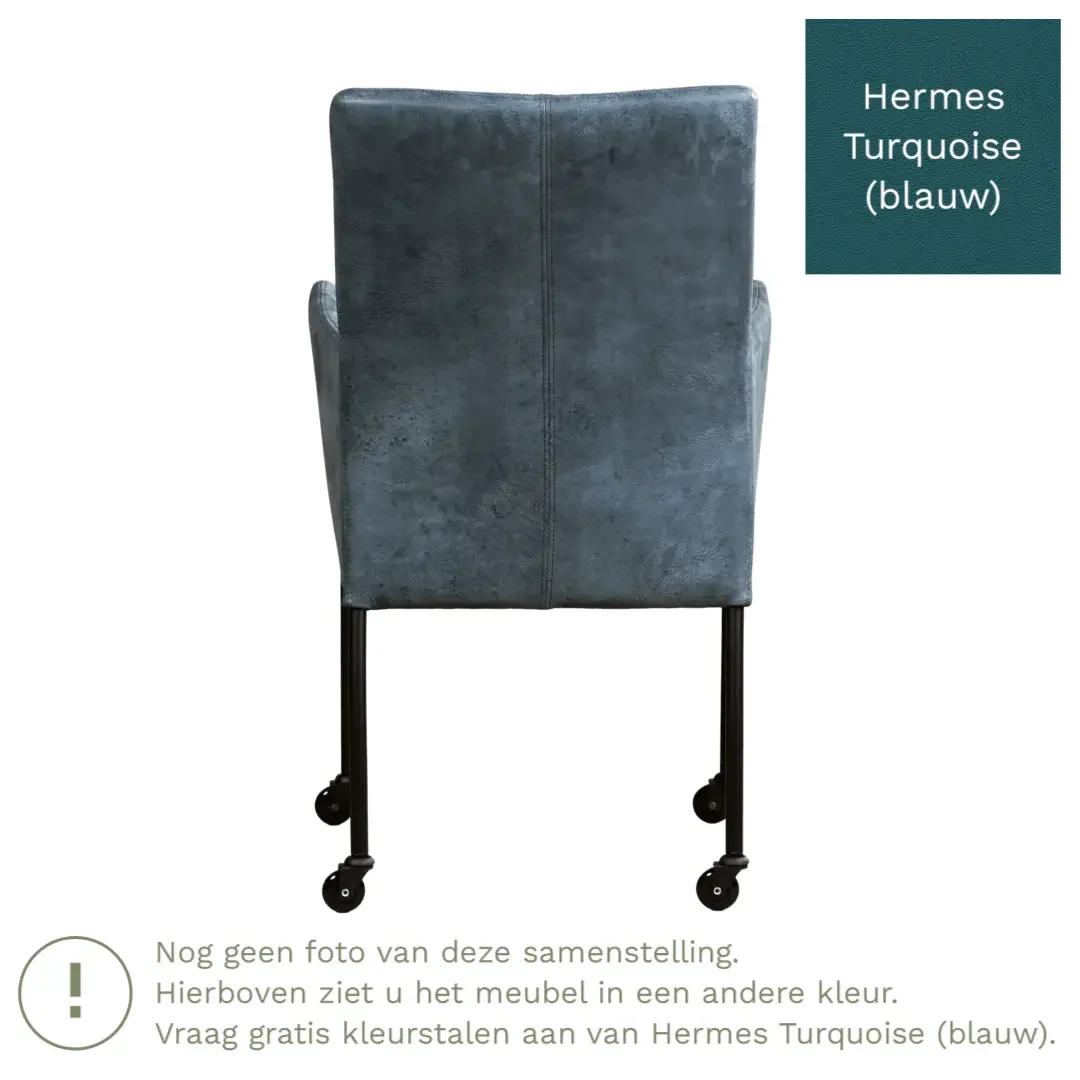 afbeelding van Leren eetkamerstoel Comfort met wieltjes en armleuning - Hermes Turquoise (blauw) - Poten staal rond RVS