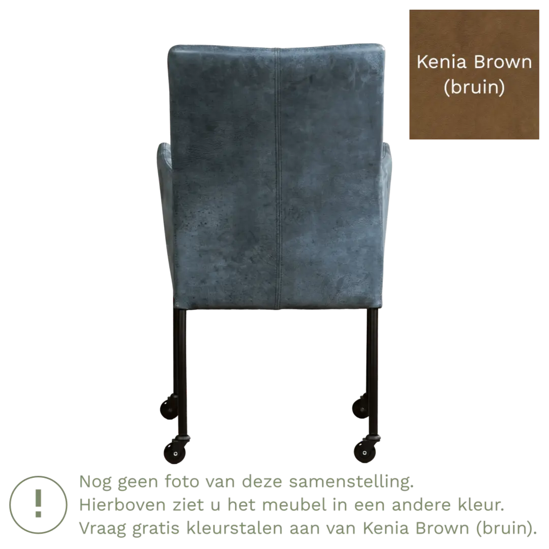 afbeelding van Leren eetkamerstoel Comfort met wieltjes en armleuning - Kenia Brown (bruin) - Poten staal rond RVS