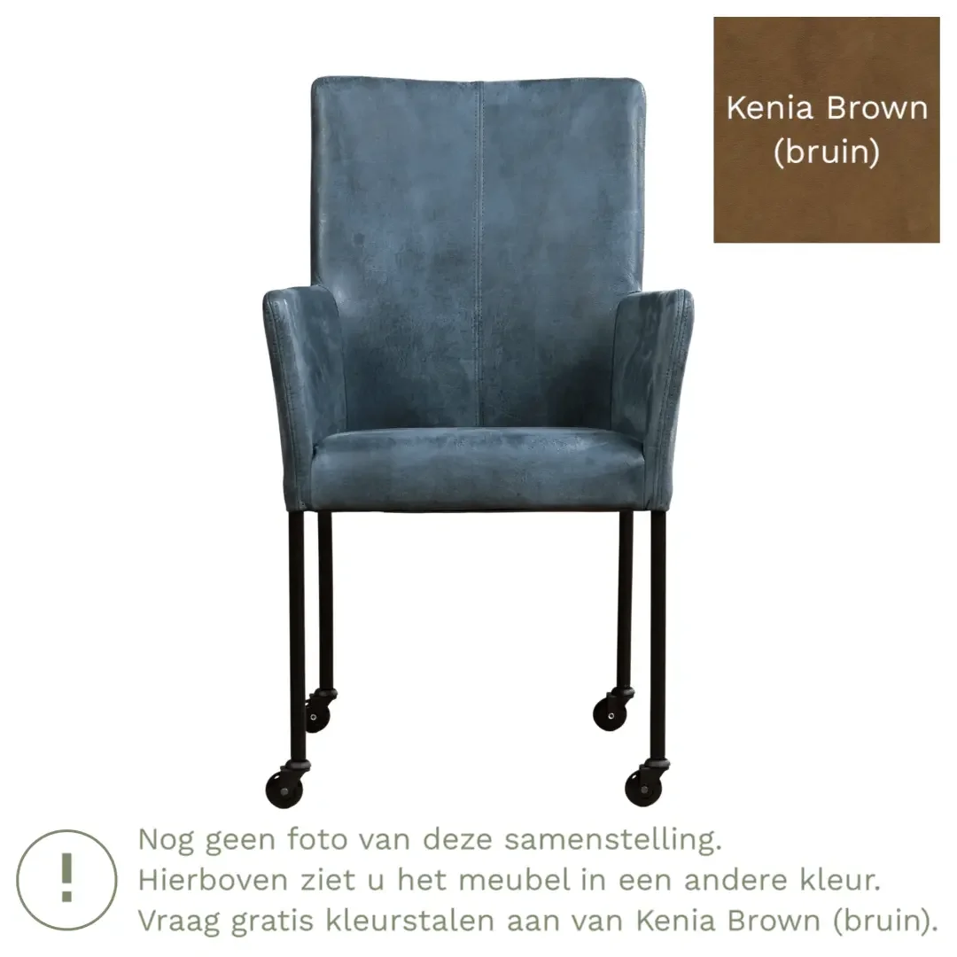 afbeelding van Leren eetkamerstoel Comfort met wieltjes en armleuning - Kenia Brown (bruin) - Poten staal rond zwart
