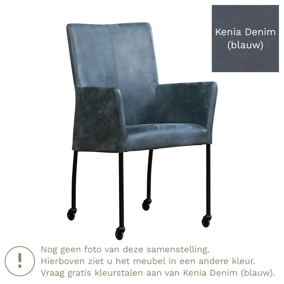 afbeelding van Leren eetkamerstoel Comfort met wieltjes en armleuning - Kenia Denim (blauw) - Poten staal vierkant zwart