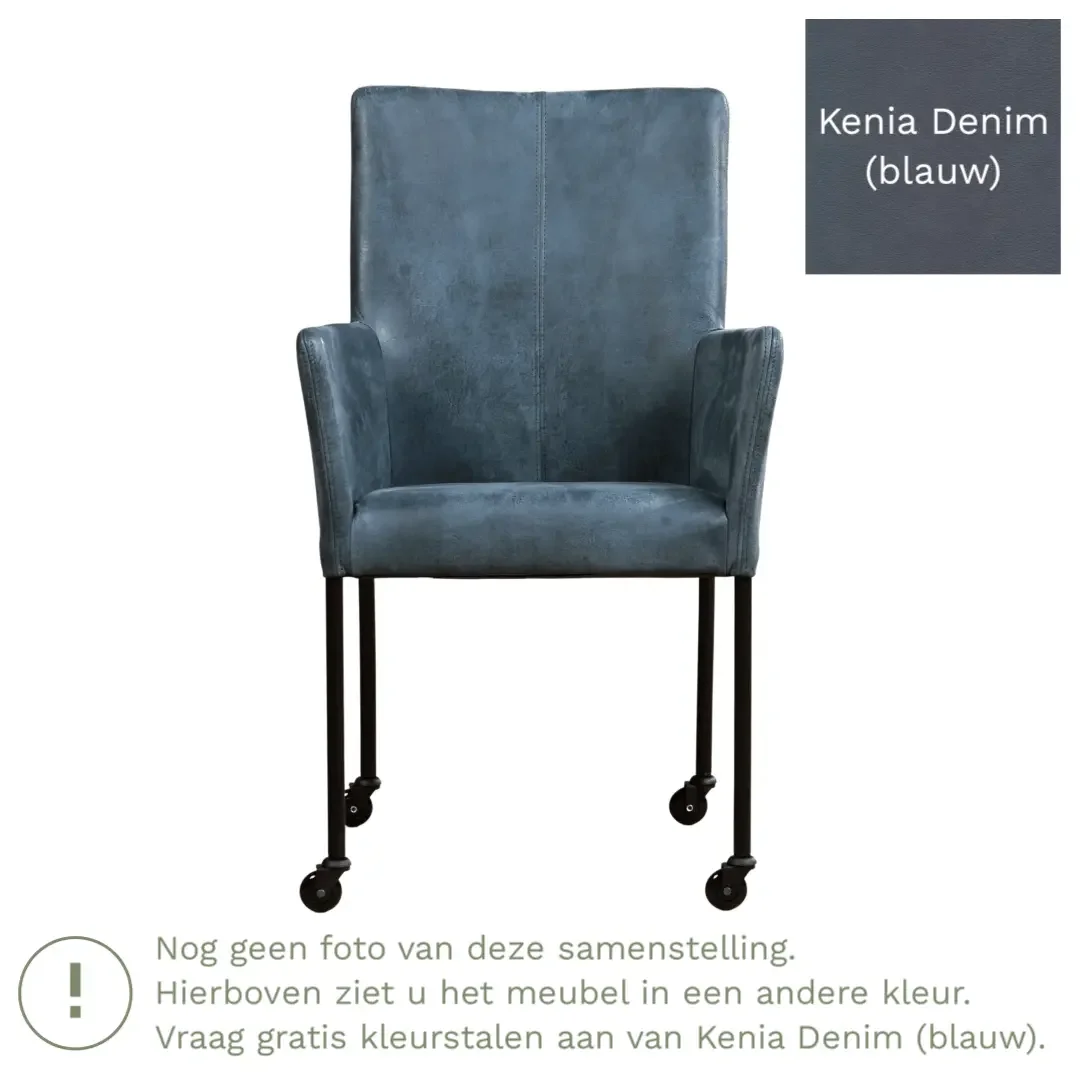 afbeelding van Leren eetkamerstoel Comfort met wieltjes en armleuning - Kenia Denim (blauw) - Poten staal vierkant zwart