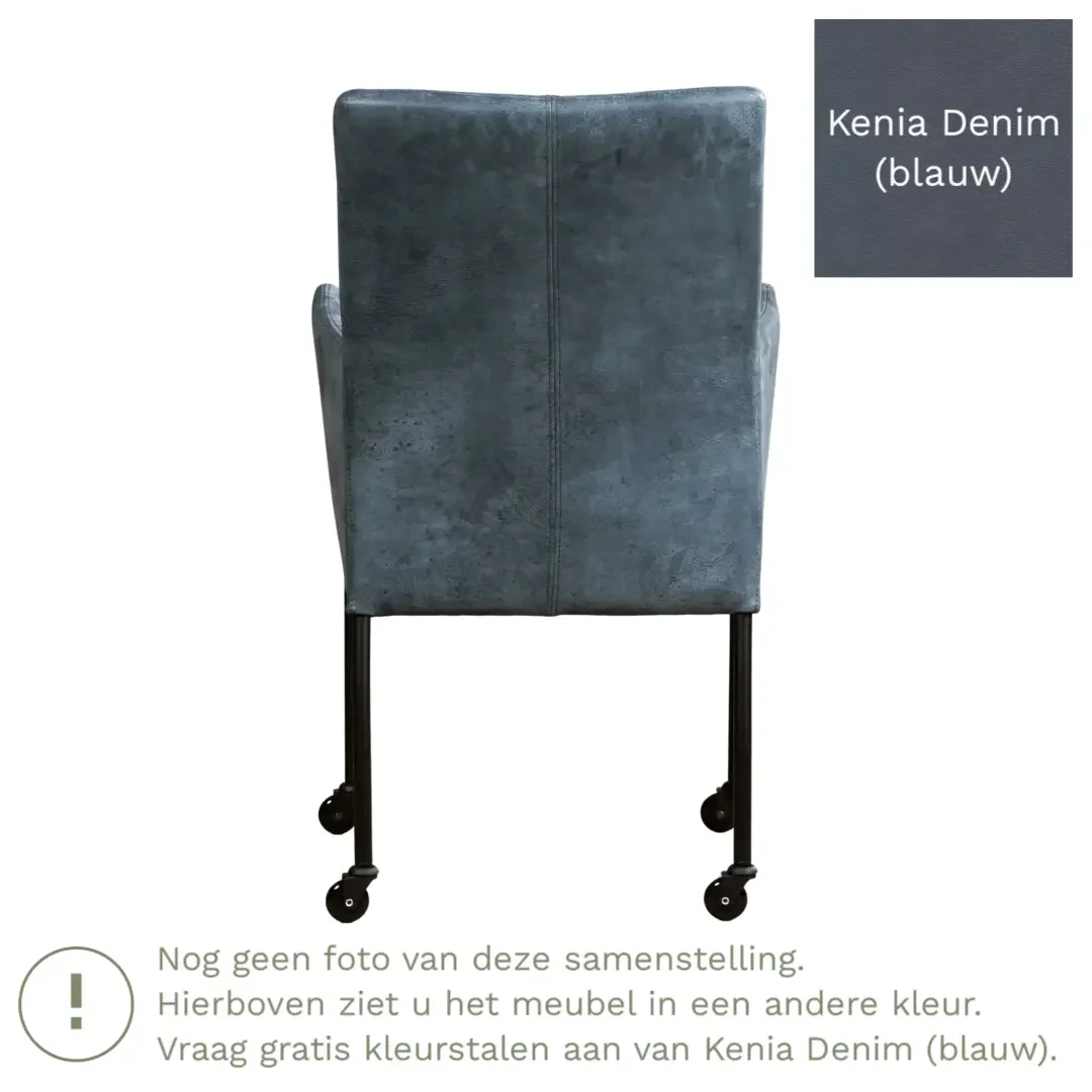 afbeelding van Leren eetkamerstoel Comfort met wieltjes en armleuning - Kenia Denim (blauw) - Poten staal vierkant zwart