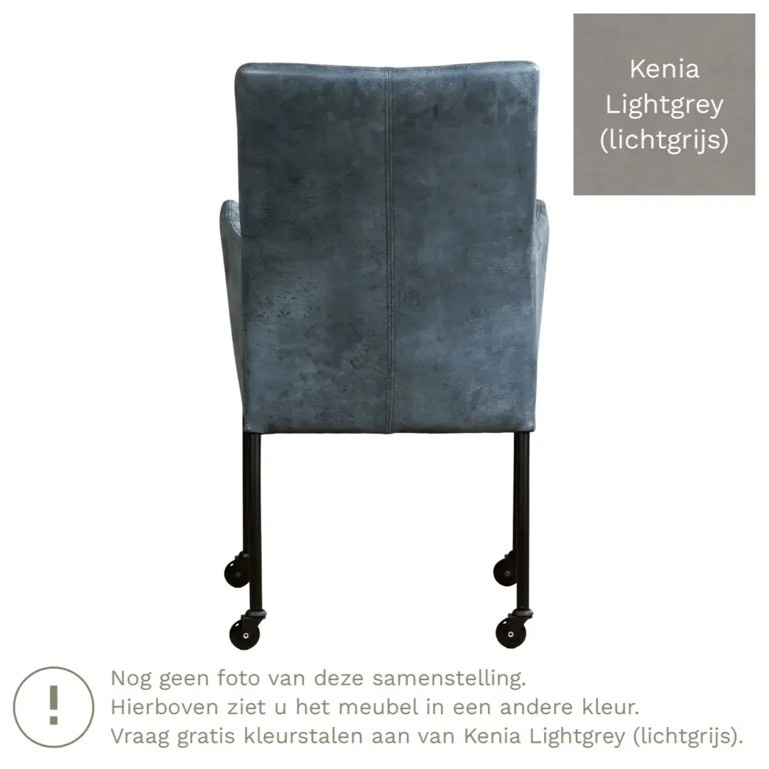 afbeelding van Leren eetkamerstoel Comfort met wieltjes en armleuning - Kenia Lightgrey (lichtgrijs) - Poten staal rond RVS