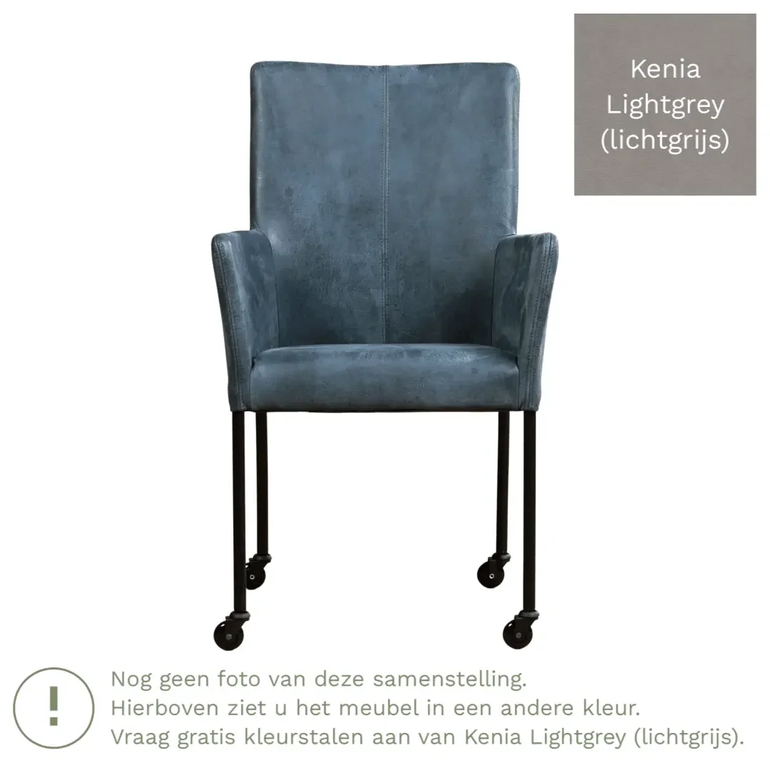 afbeelding van Leren eetkamerstoel Comfort met wieltjes en armleuning - Kenia Lightgrey (lichtgrijs) - Poten staal vierkant RVS