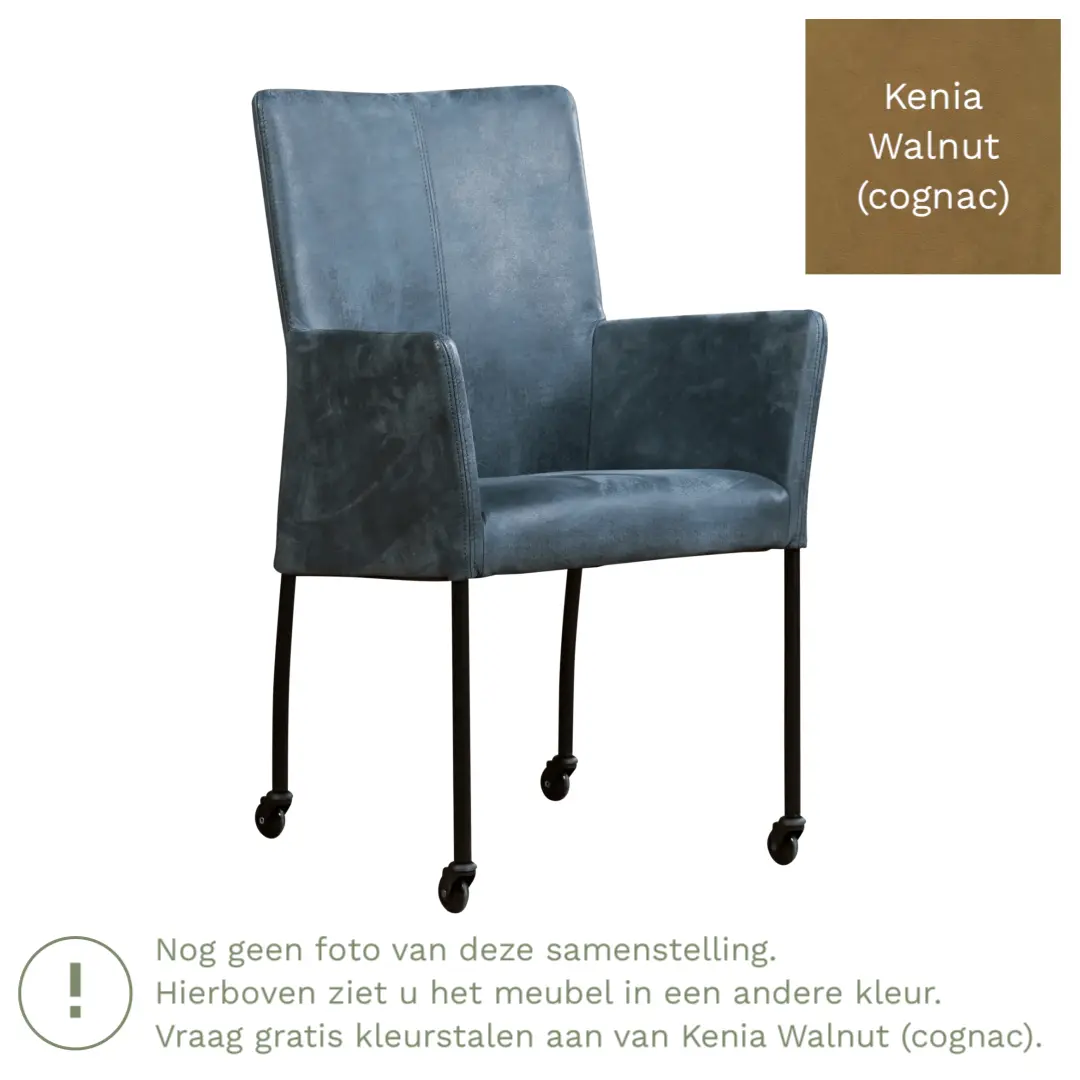 afbeelding van Leren eetkamerstoel Comfort met wieltjes en armleuning - Kenia Walnut (cognac) - Poten staal rond zwart