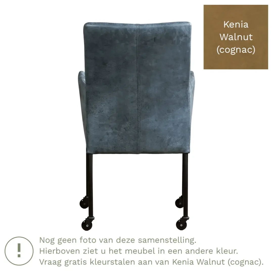 afbeelding van Leren eetkamerstoel Comfort met wieltjes en armleuning - Kenia Walnut (cognac) - Poten staal rond zwart