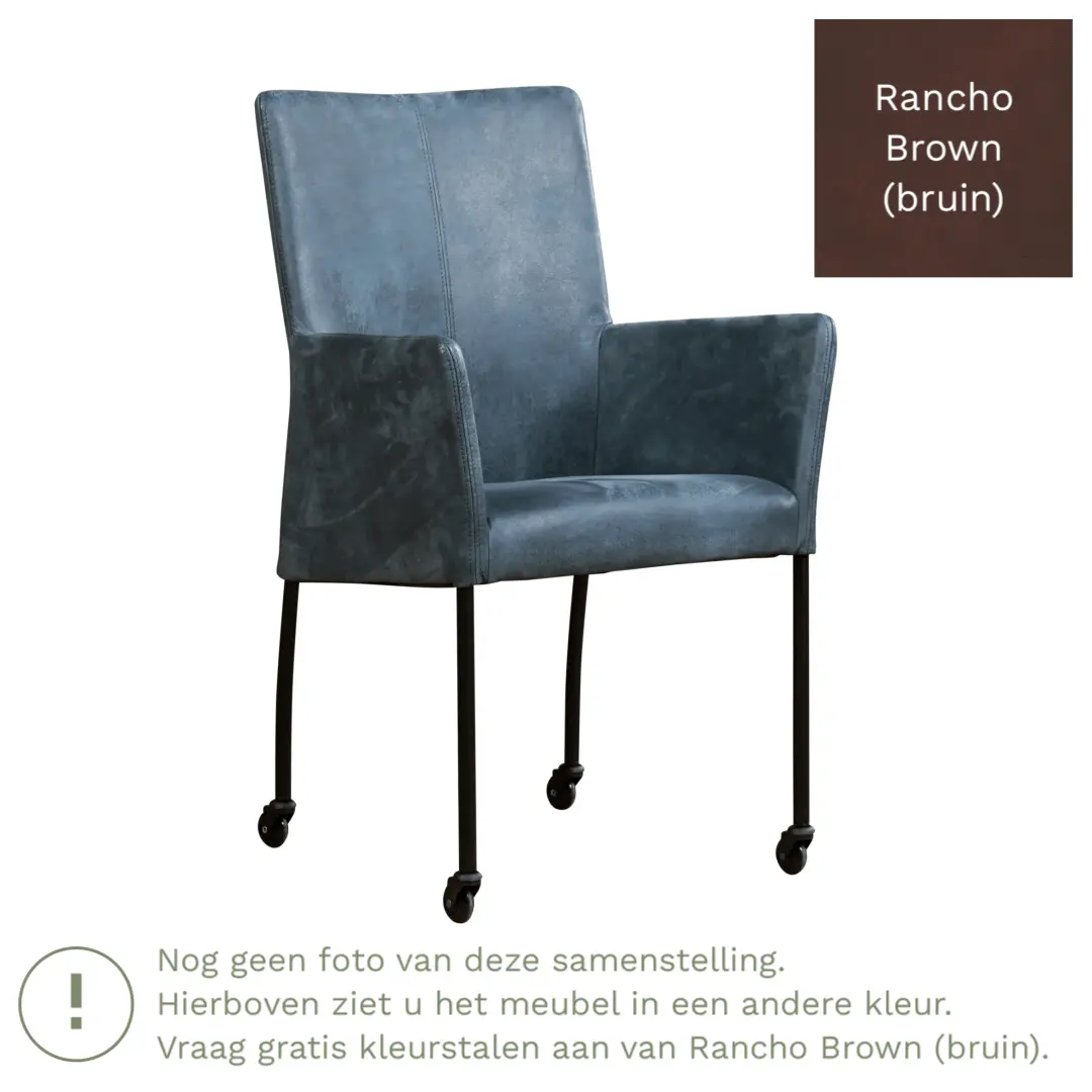 afbeelding van Leren eetkamerstoel Comfort met wieltjes en armleuning - Rancho Brown (bruin) - Poten staal rond zwart