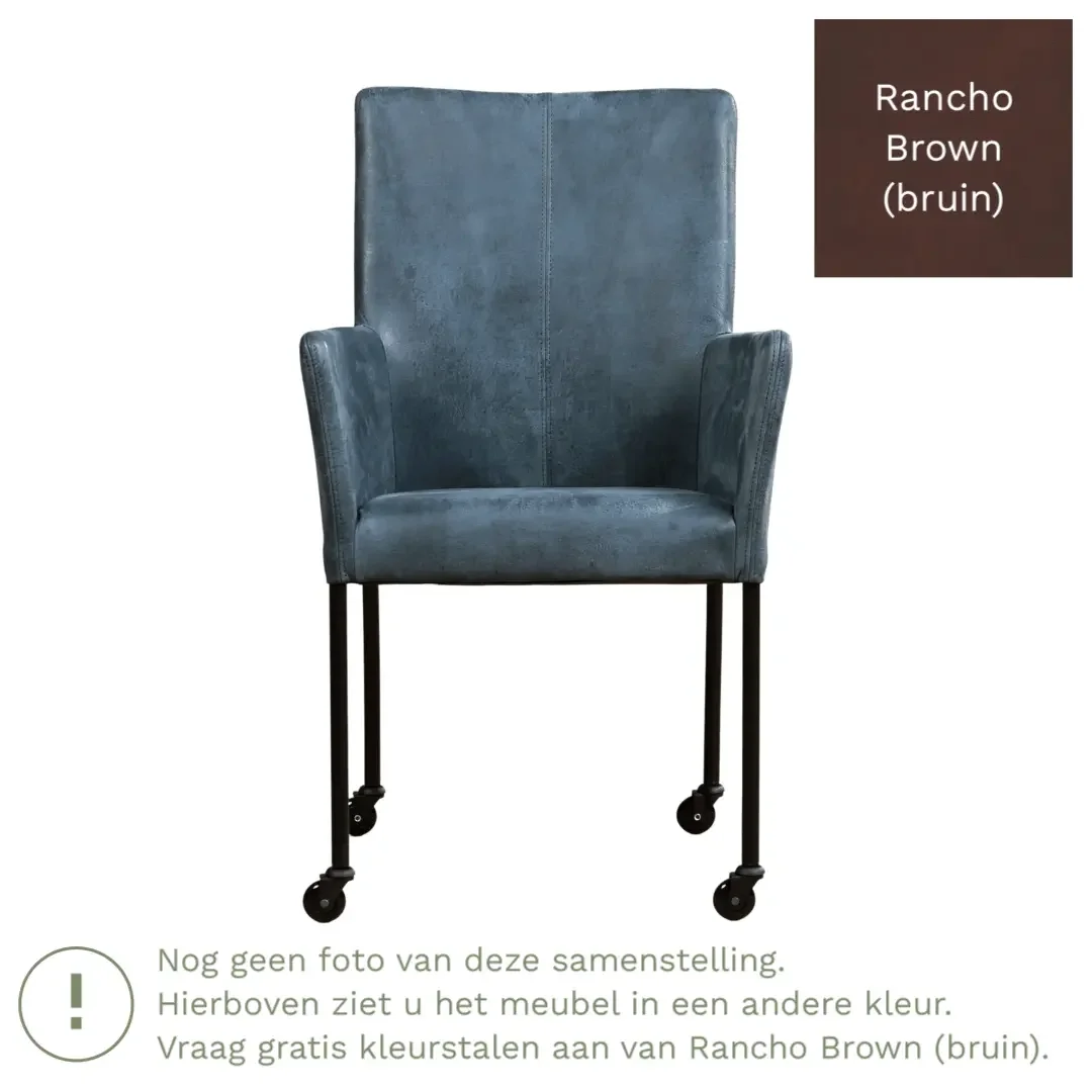 afbeelding van Leren eetkamerstoel Comfort met wieltjes en armleuning - Rancho Brown (bruin) - Poten staal rond zwart