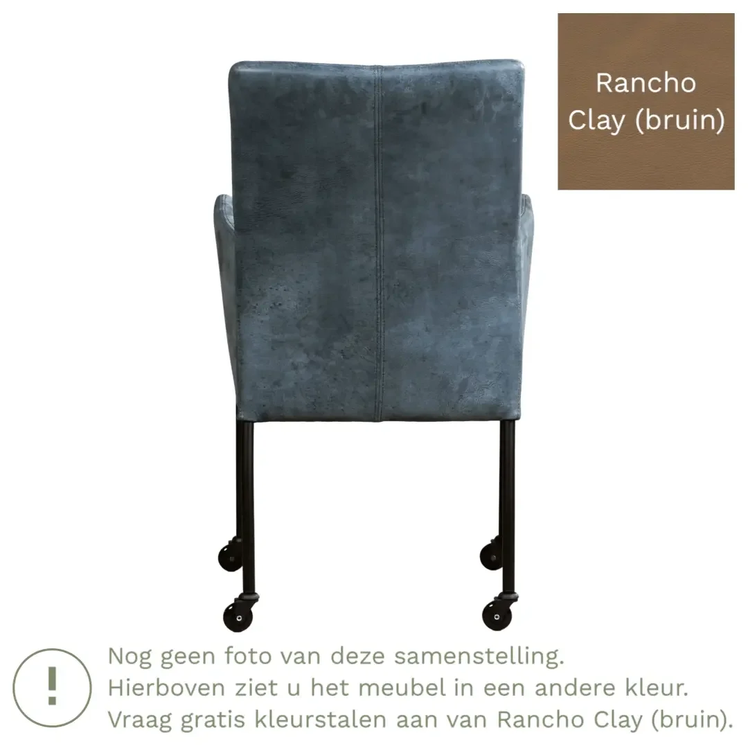 afbeelding van Leren eetkamerstoel Comfort met wieltjes en armleuning - Rancho Clay (bruin) - Poten staal rond zwart