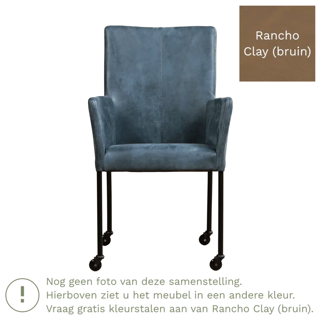 afbeelding van Leren eetkamerstoel Comfort met wieltjes en armleuning - Rancho Clay (bruin) - Poten staal vierkant RVS