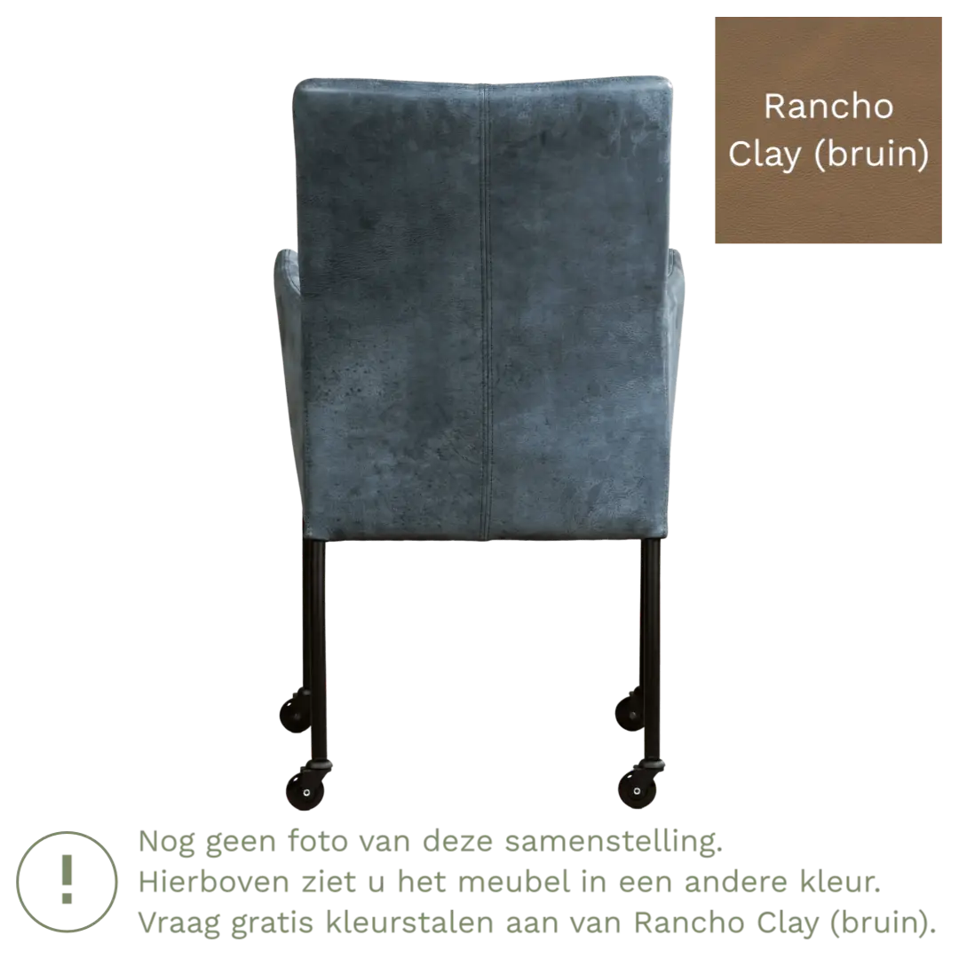afbeelding van Leren eetkamerstoel Comfort met wieltjes en armleuning - Rancho Clay (bruin) - Poten staal vierkant RVS