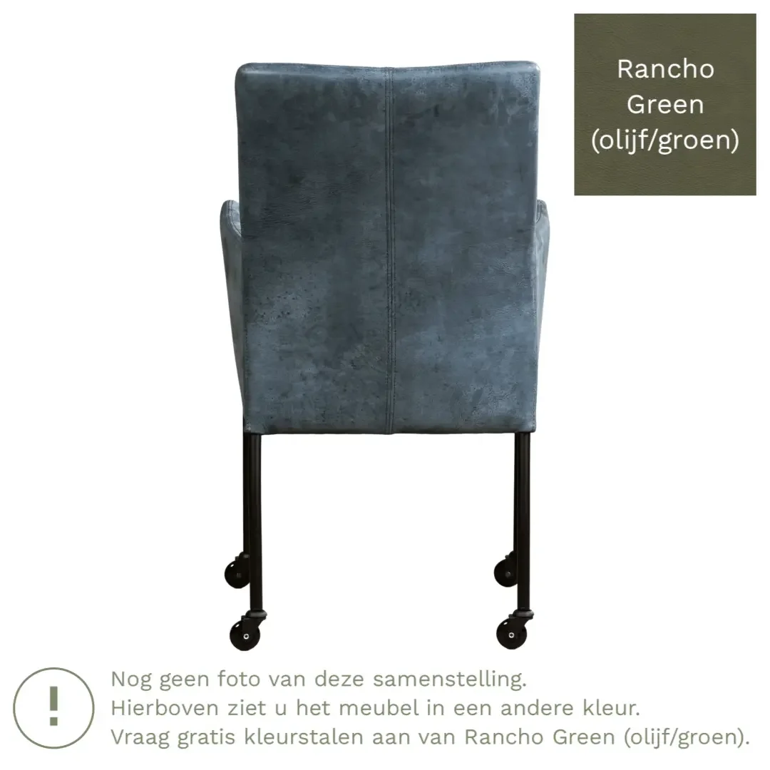 afbeelding van Leren eetkamerstoel Comfort met wieltjes en armleuning - Rancho Green (olijf/groen) - Poten staal vierkant zwart