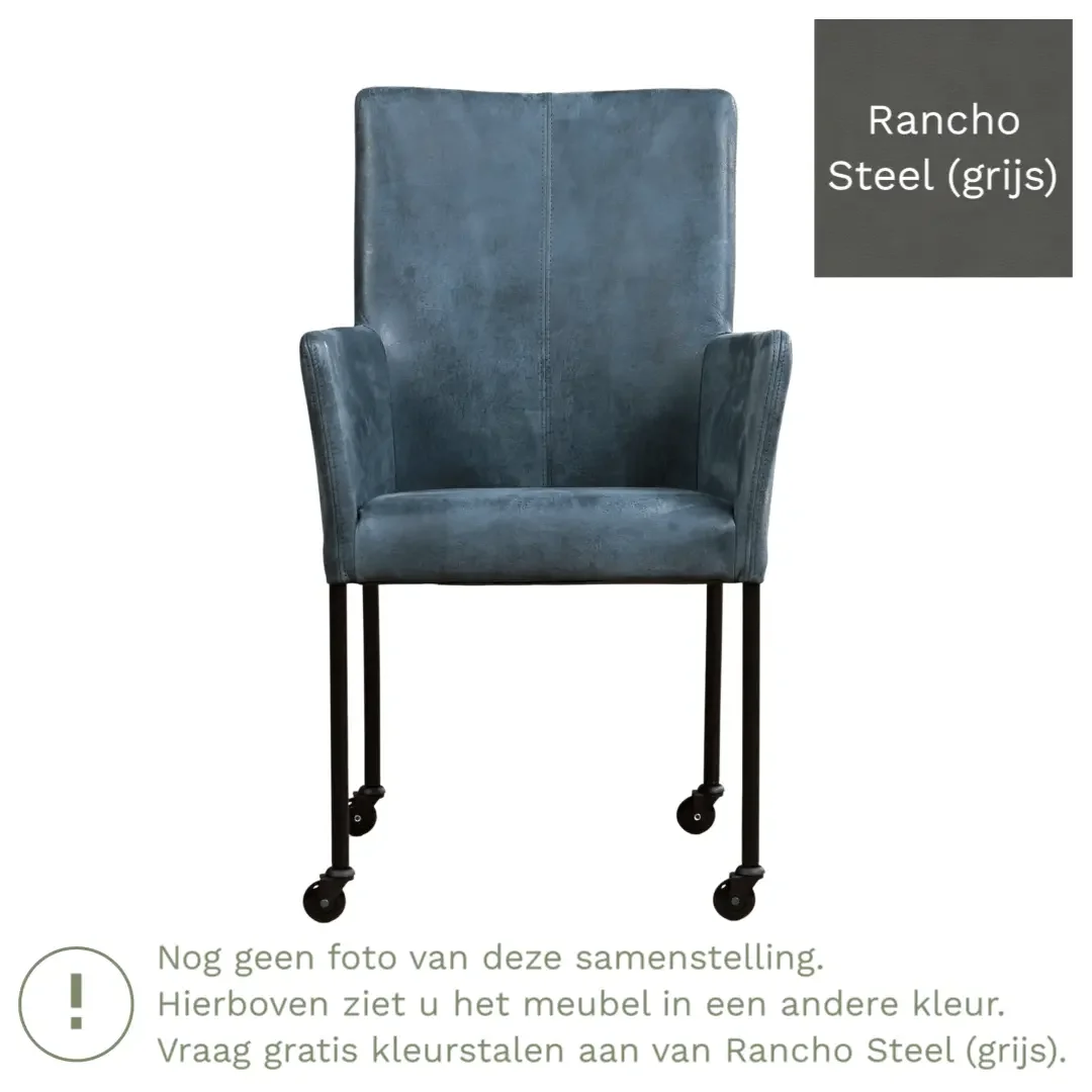 afbeelding van Leren eetkamerstoel Comfort met wieltjes en armleuning - Rancho Steel (grijs) - Poten staal rond zwart