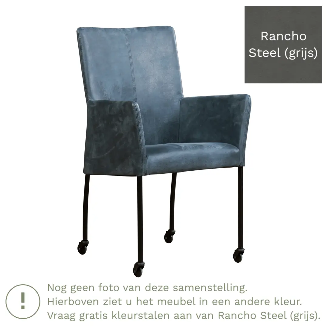 afbeelding van Leren eetkamerstoel Comfort met wieltjes en armleuning - Rancho Steel (grijs) - Poten staal vierkant RVS
