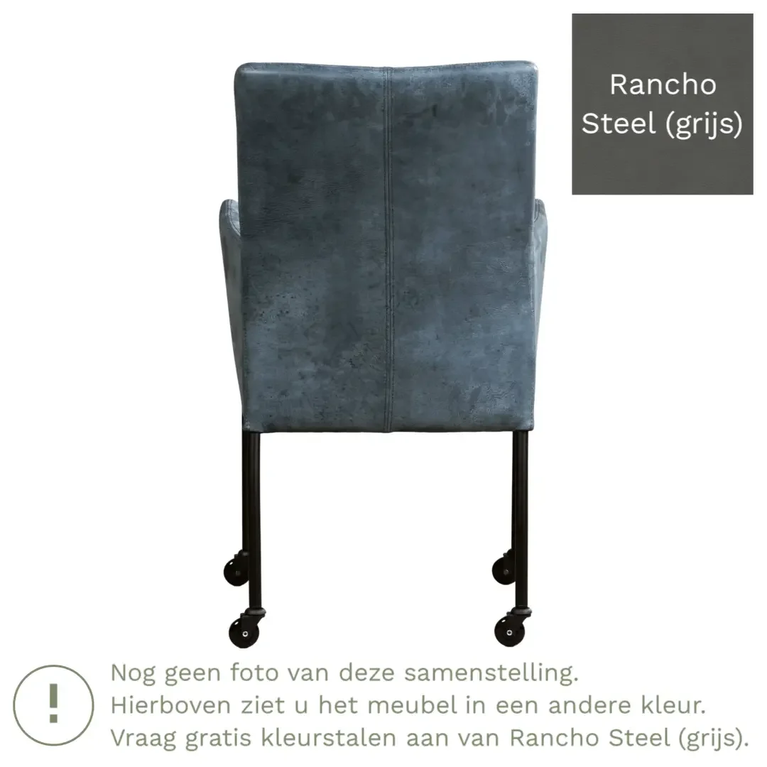 afbeelding van Leren eetkamerstoel Comfort met wieltjes en armleuning - Rancho Steel (grijs) - Poten staal vierkant RVS