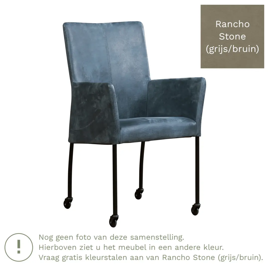afbeelding van Leren eetkamerstoel Comfort met wieltjes en armleuning - Rancho Stone (grijs/bruin) - Poten staal rond RVS