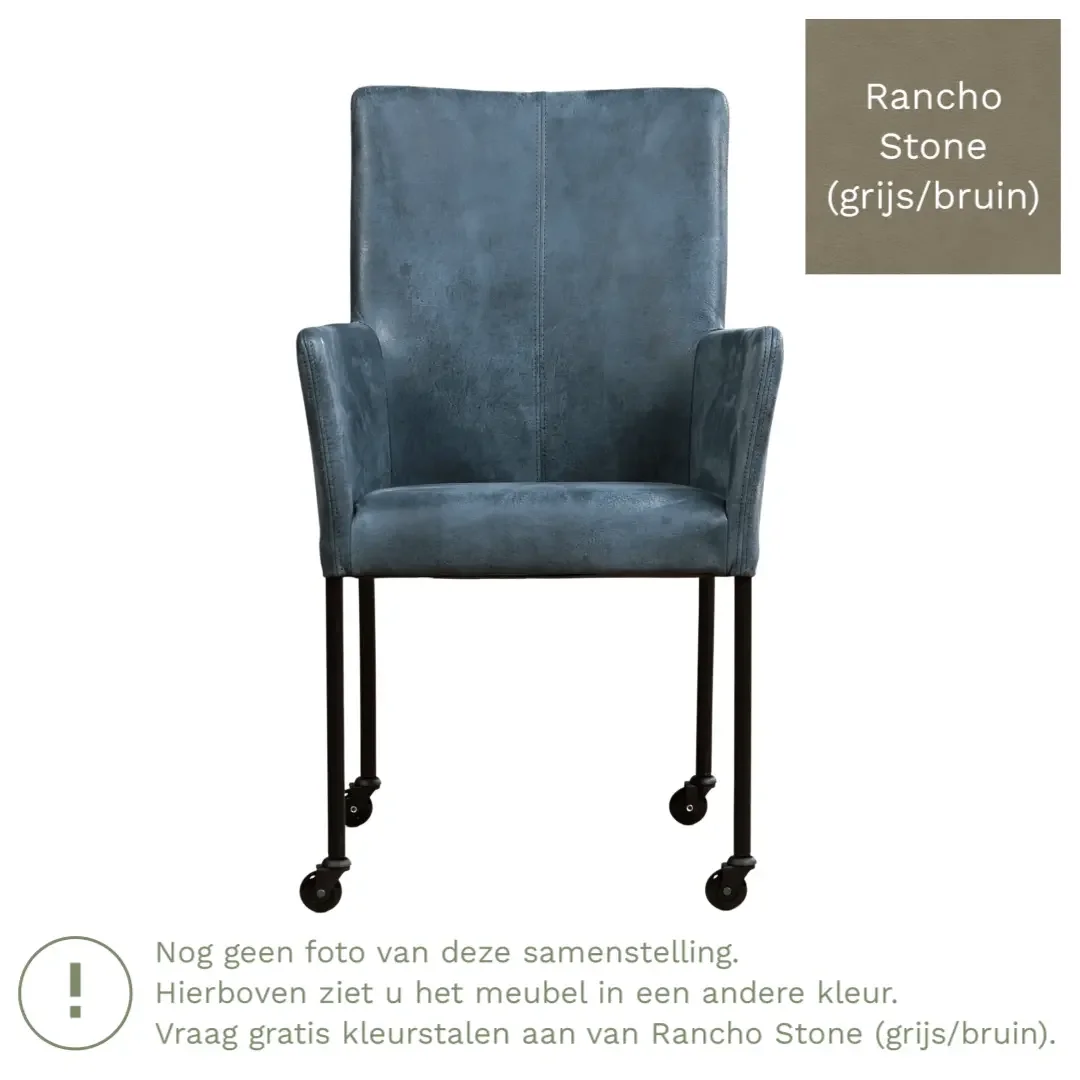 afbeelding van Leren eetkamerstoel Comfort met wieltjes en armleuning - Rancho Stone (grijs/bruin) - Poten staal rond RVS