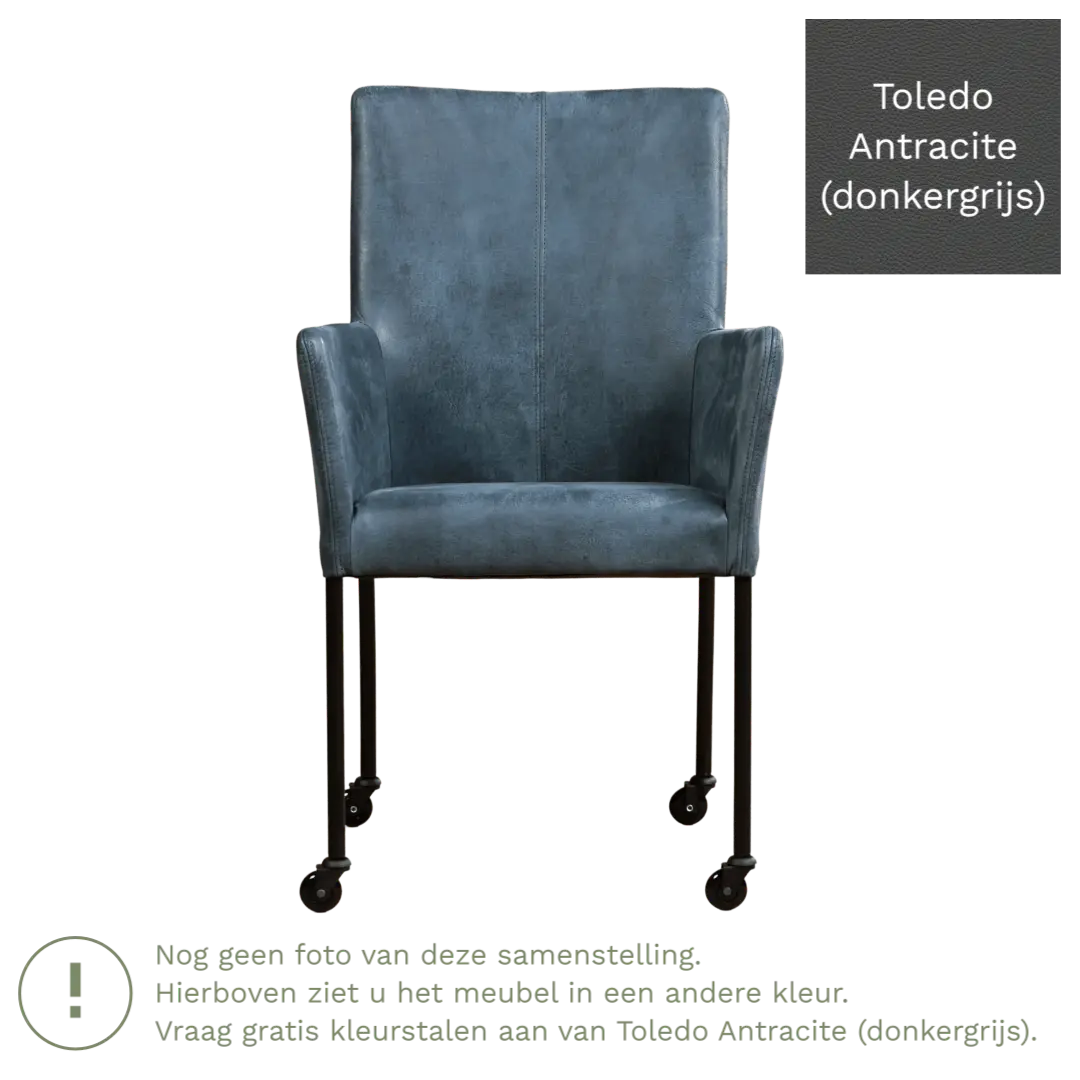 afbeelding van Leren eetkamerstoel Comfort met wieltjes en armleuning - Toledo Antracite (donkergrijs) - Poten staal rond zwart