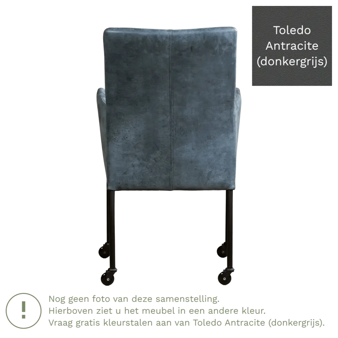 afbeelding van Leren eetkamerstoel Comfort met wieltjes en armleuning - Toledo Antracite (donkergrijs) - Poten staal rond zwart