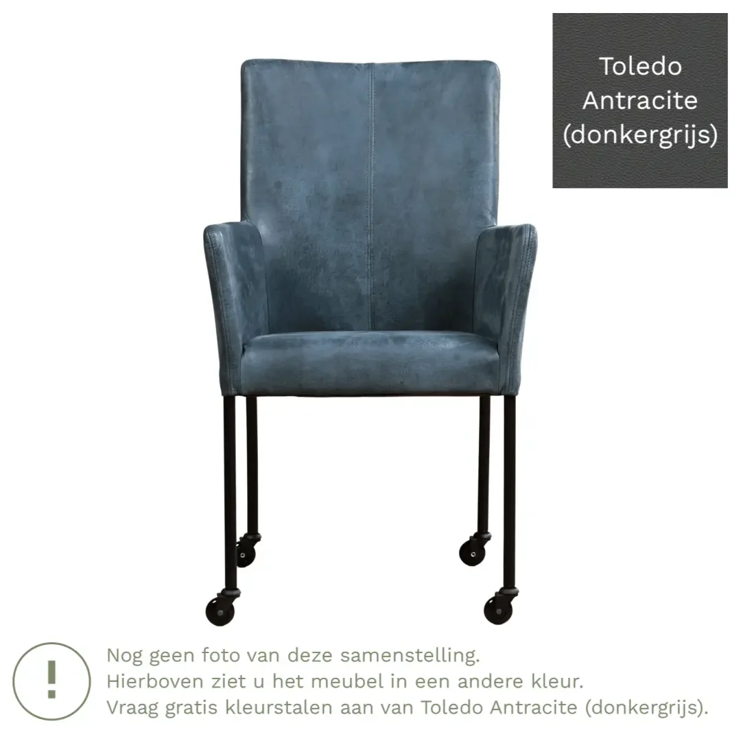 afbeelding van Leren eetkamerstoel Comfort met wieltjes en armleuning - Toledo Antracite (donkergrijs) - Poten staal vierkant RVS