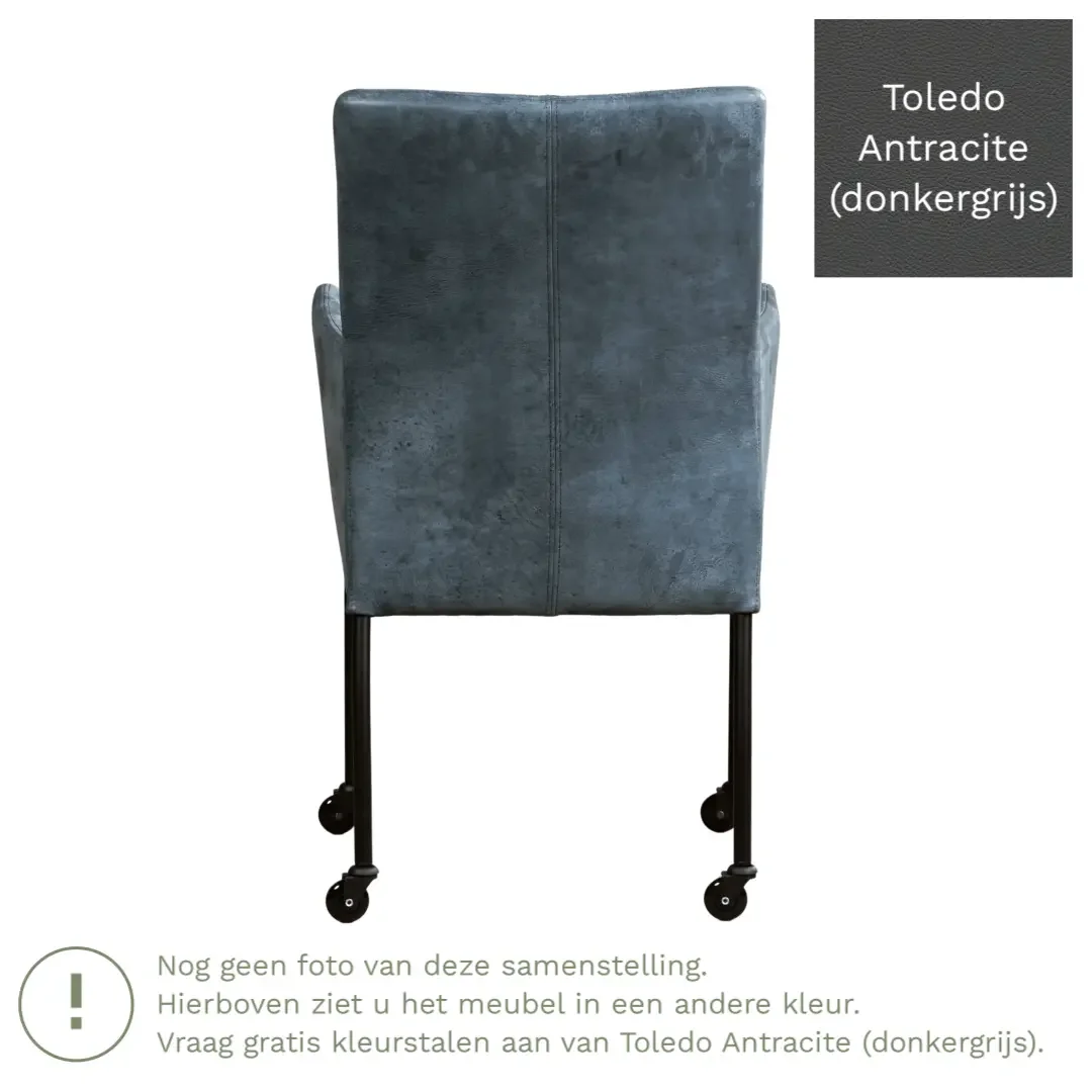 afbeelding van Leren eetkamerstoel Comfort met wieltjes en armleuning - Toledo Antracite (donkergrijs) - Poten staal vierkant RVS
