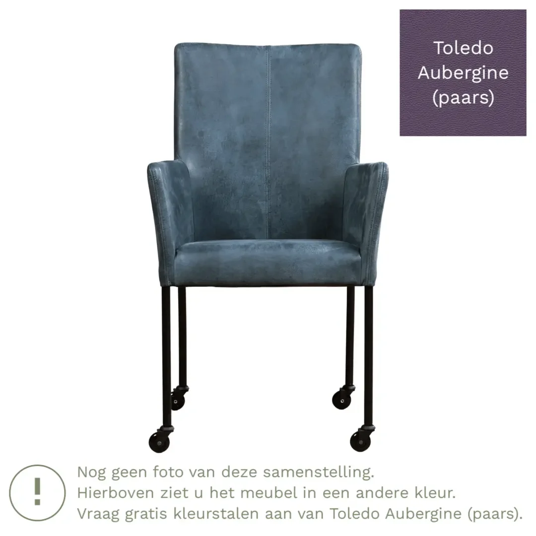 afbeelding van Leren eetkamerstoel Comfort met wieltjes en armleuning - Toledo Aubergine (paars) - Poten staal vierkant RVS