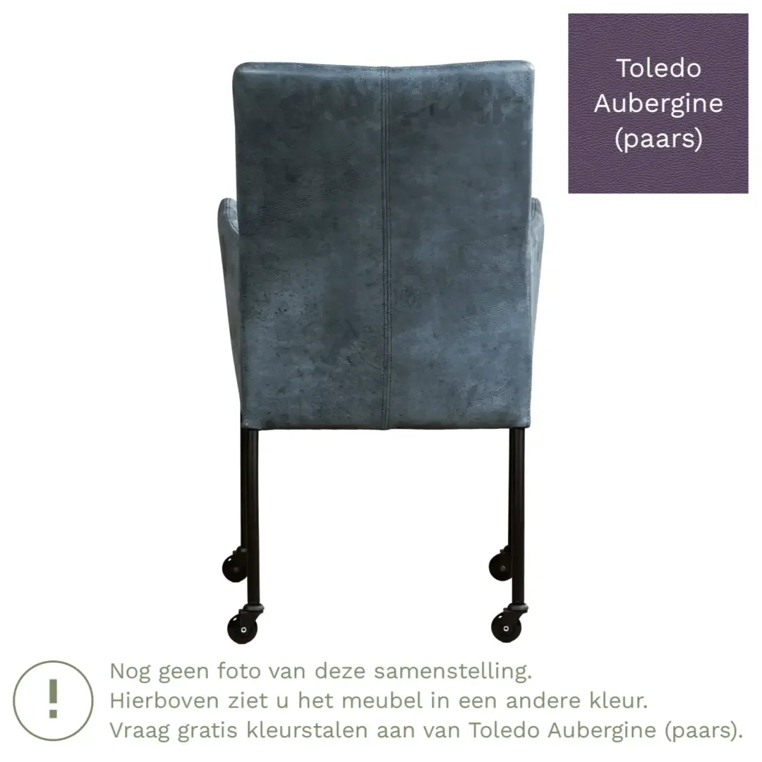 afbeelding van Leren eetkamerstoel Comfort met wieltjes en armleuning - Toledo Aubergine (paars) - Poten staal vierkant RVS