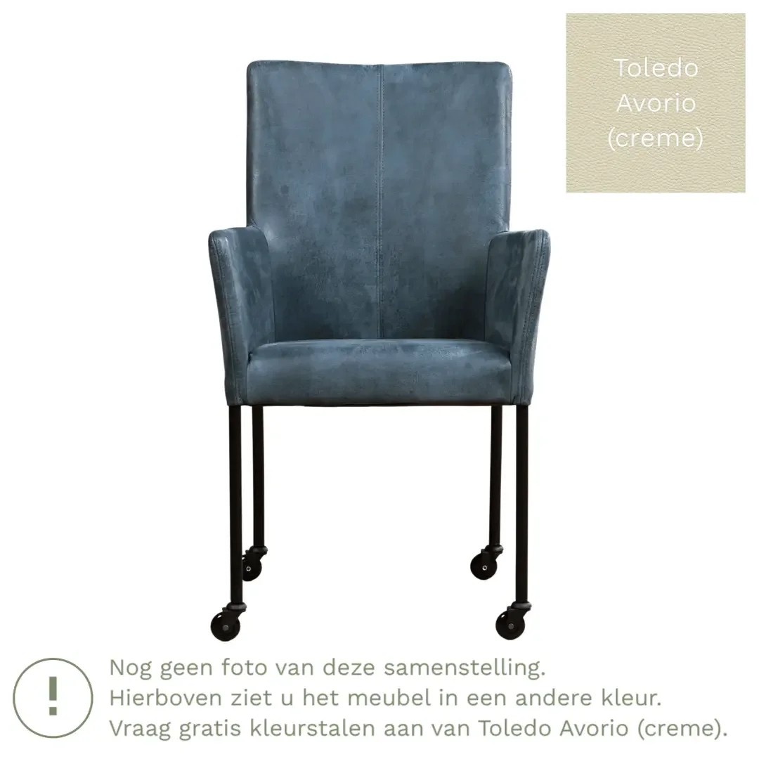 afbeelding van Leren eetkamerstoel Comfort met wieltjes en armleuning - Toledo Avorio (crème) - Poten staal rond zwart