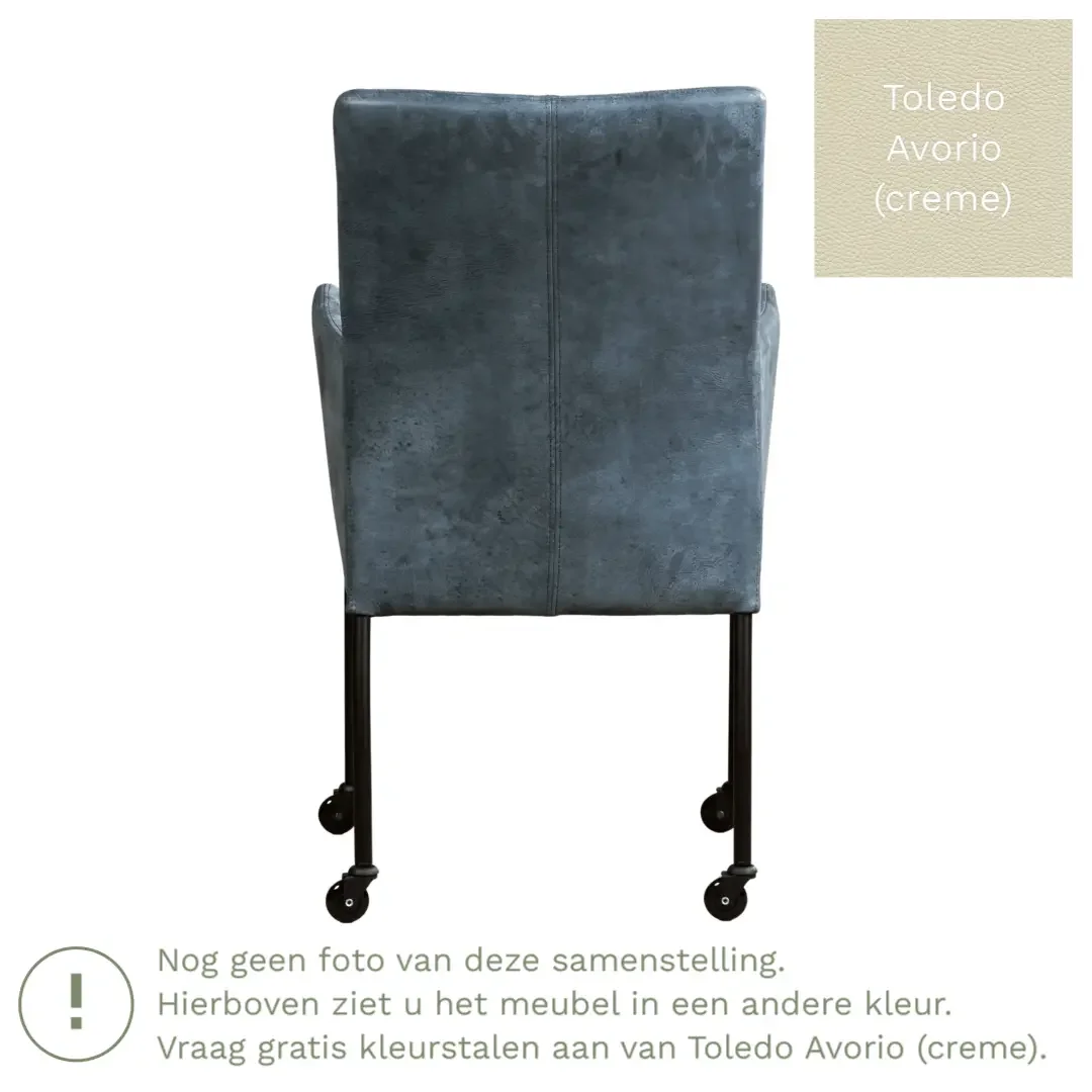 afbeelding van Leren eetkamerstoel Comfort met wieltjes en armleuning - Toledo Avorio (crème) - Poten staal rond zwart