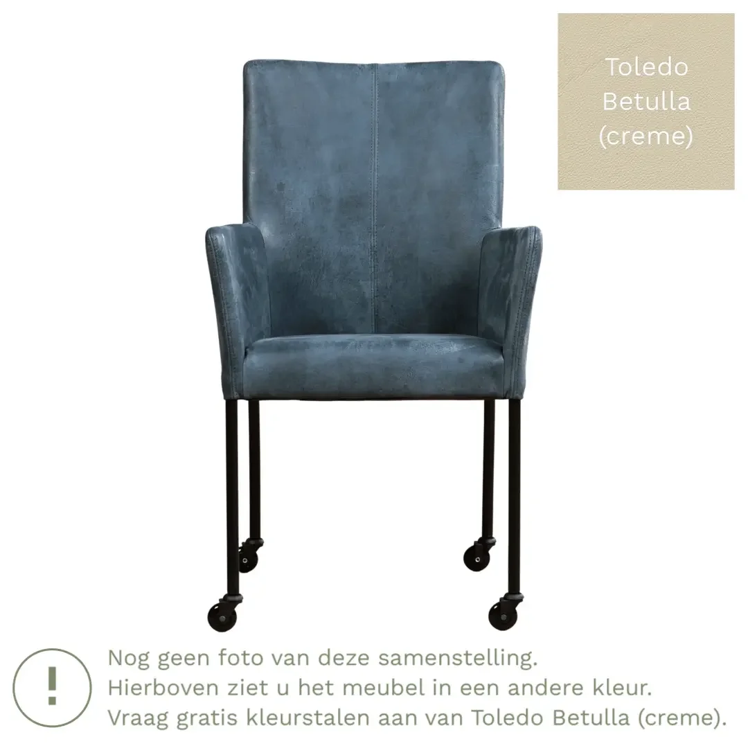 afbeelding van Leren eetkamerstoel Comfort met wieltjes en armleuning - Toledo Betulla (crème) - Poten staal rond zwart