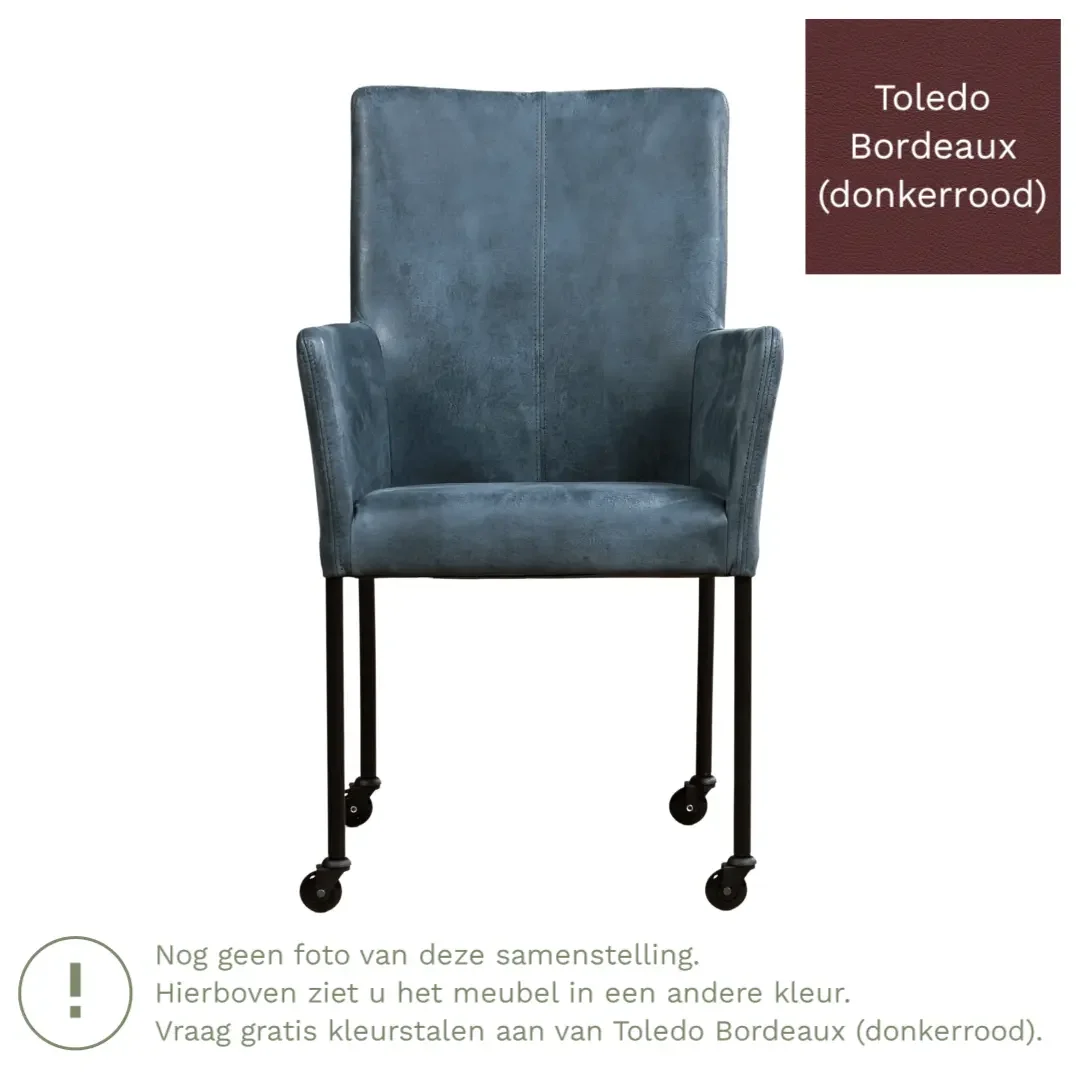 afbeelding van Leren eetkamerstoel Comfort met wieltjes en armleuning - Toledo Bordeaux (donkerrood) - Poten staal vierkant RVS