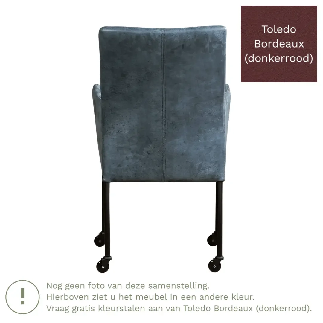 afbeelding van Leren eetkamerstoel Comfort met wieltjes en armleuning - Toledo Bordeaux (donkerrood) - Poten staal vierkant RVS