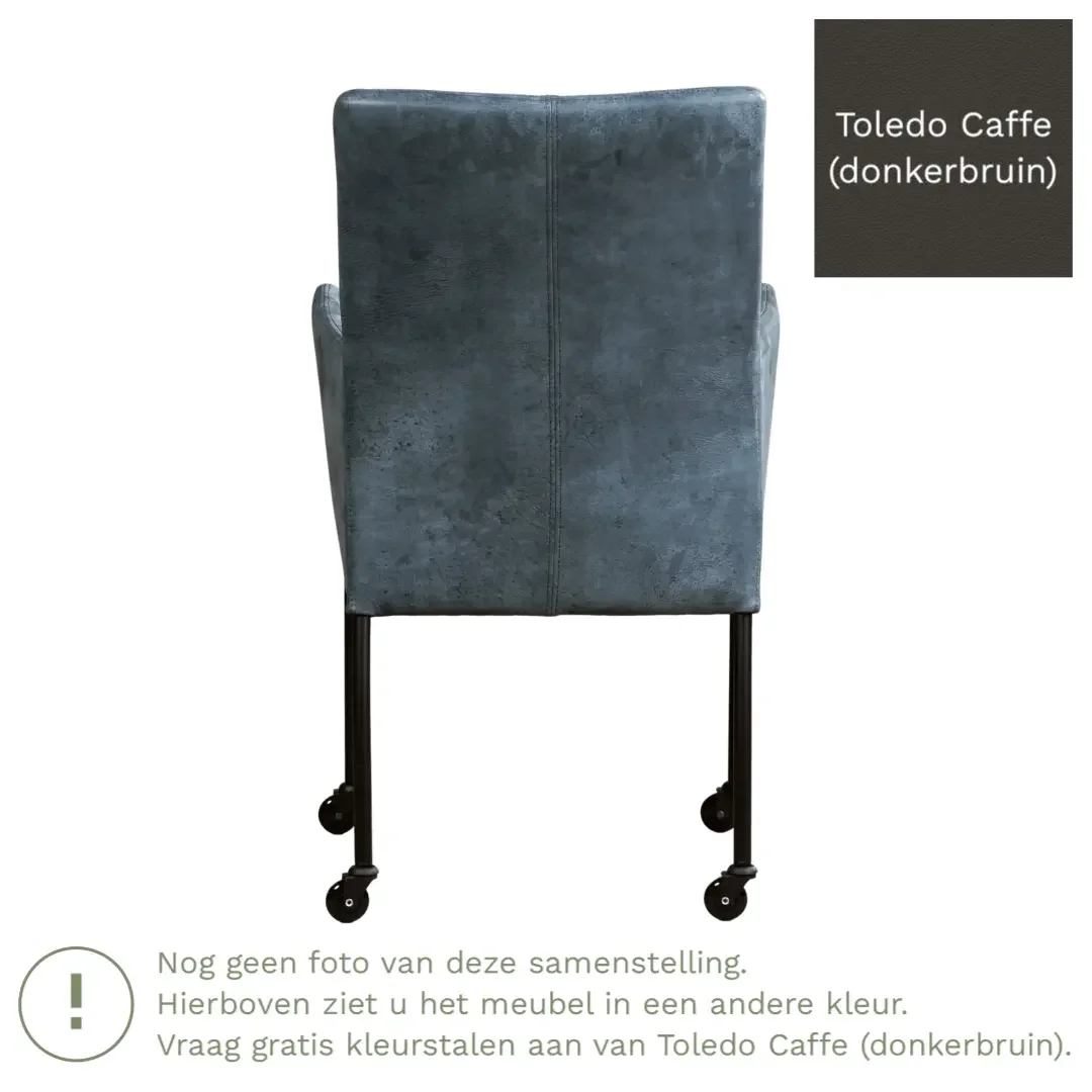 afbeelding van Leren eetkamerstoel Comfort met wieltjes en armleuning - Toledo Caffe (donkerbruin) - Poten staal vierkant zwart