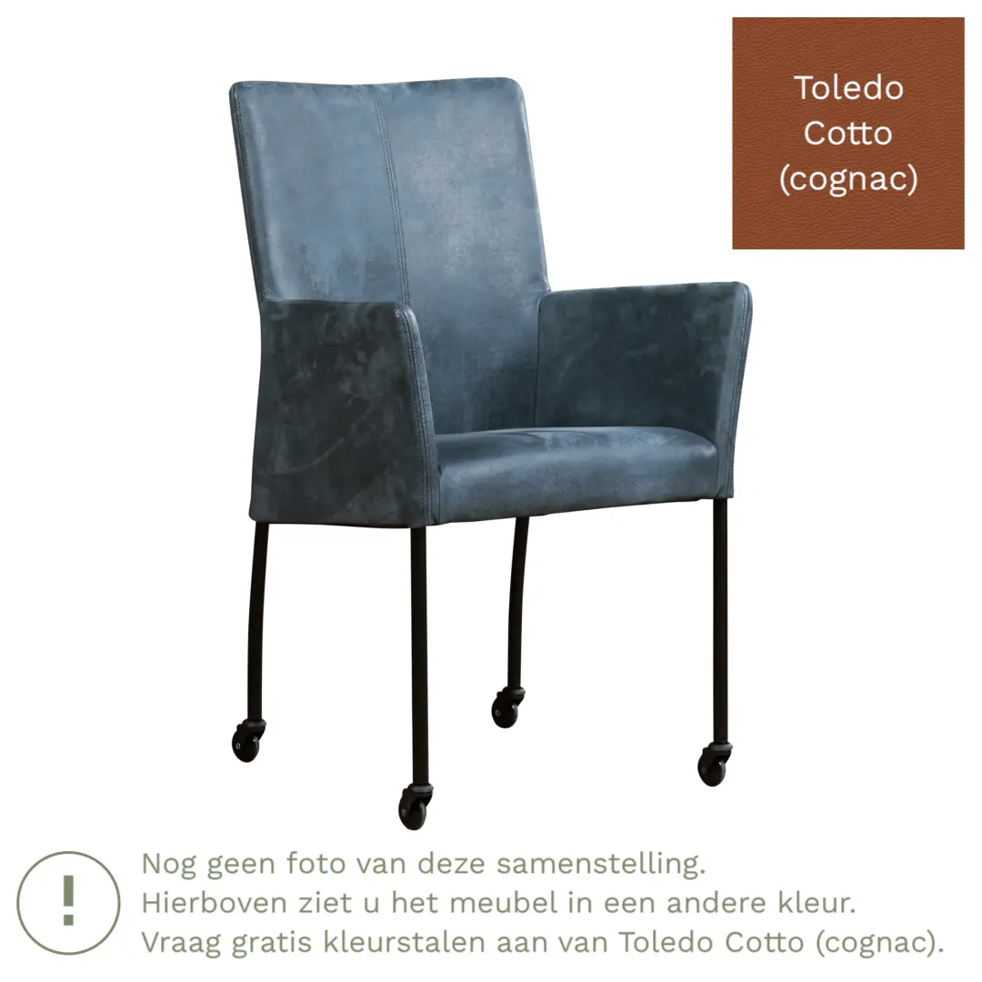 afbeelding van Leren eetkamerstoel Comfort met wieltjes en armleuning - Toledo Cotto (cognac) - Poten staal rond RVS
