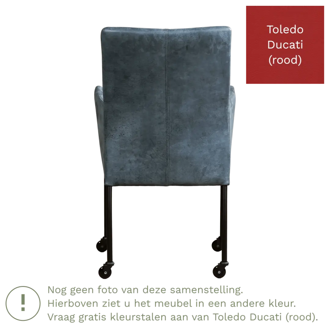 afbeelding van Leren eetkamerstoel Comfort met wieltjes en armleuning - Toledo Ducati (rood) - Poten staal rond RVS