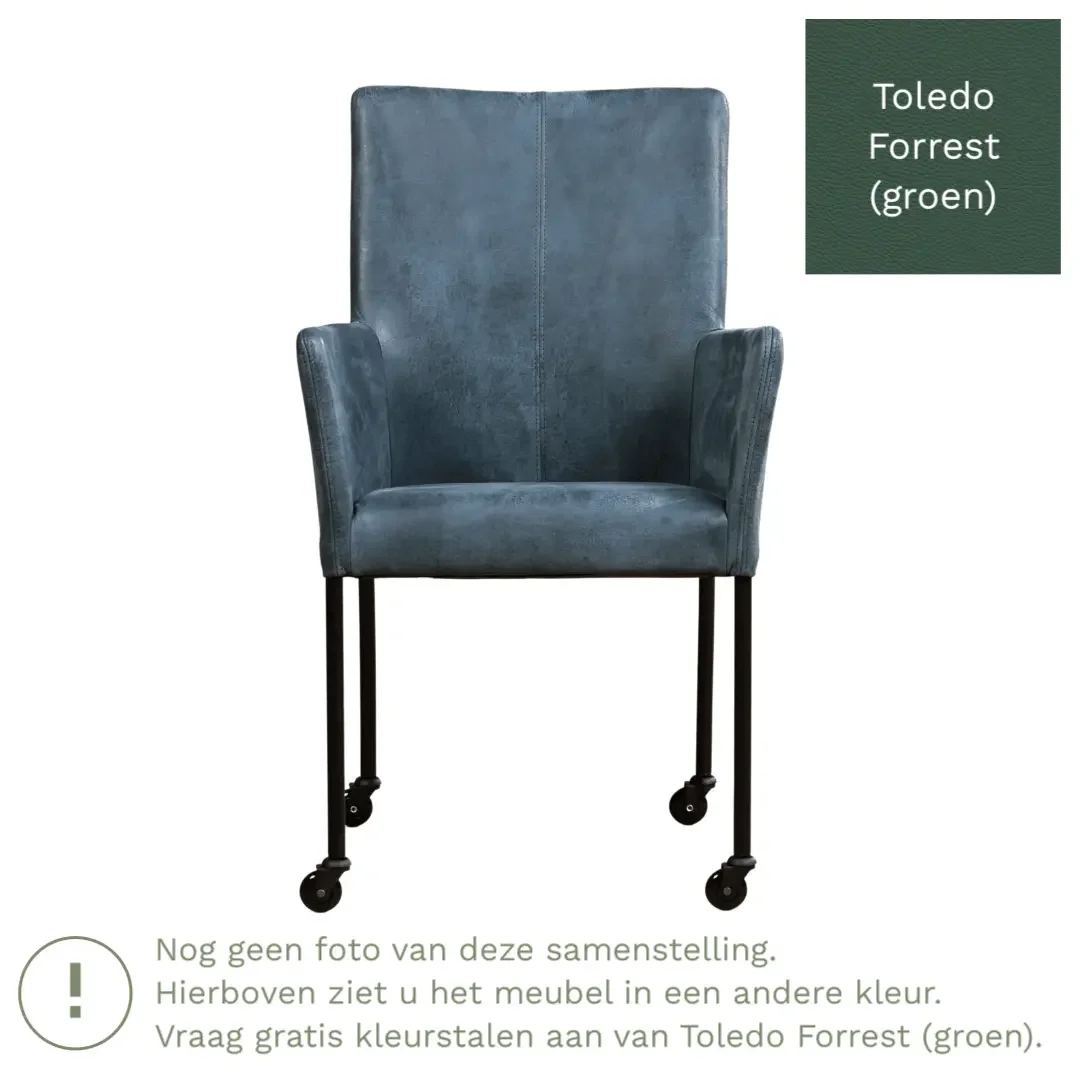 afbeelding van Leren eetkamerstoel Comfort met wieltjes en armleuning - Toledo Forrest (groen) - Poten staal vierkant zwart