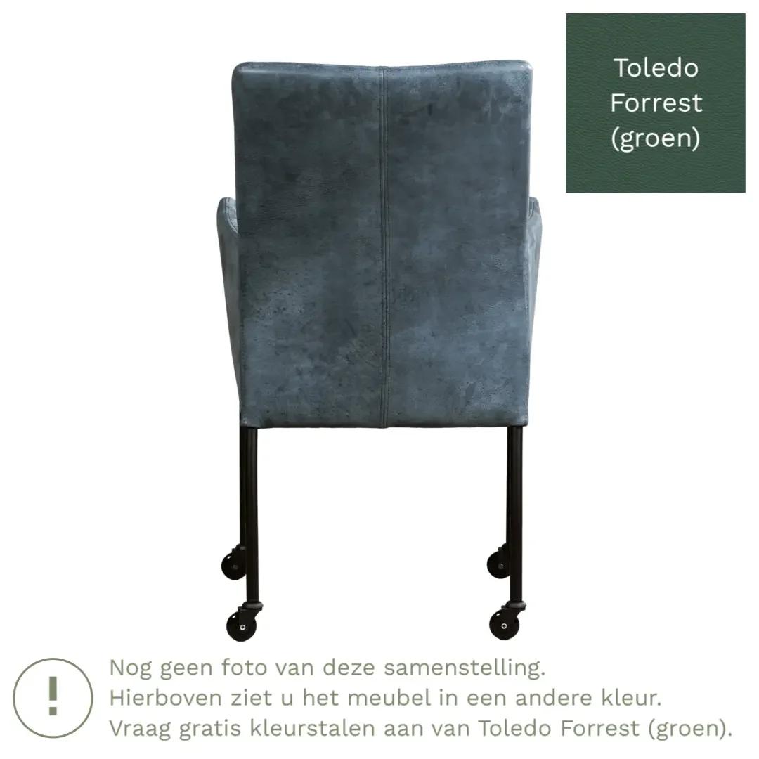 afbeelding van Leren eetkamerstoel Comfort met wieltjes en armleuning - Toledo Forrest (groen) - Poten staal vierkant zwart