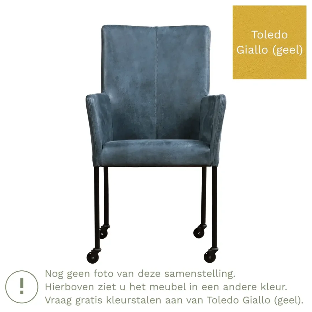 afbeelding van Leren eetkamerstoel Comfort met wieltjes en armleuning - Toledo Giallo (geel) - Poten staal rond RVS