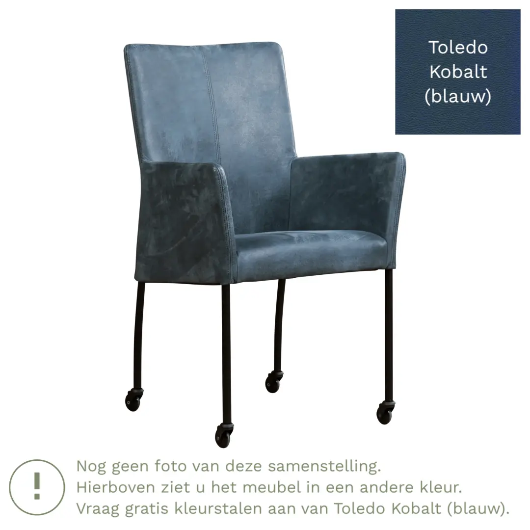 afbeelding van Leren eetkamerstoel Comfort met wieltjes en armleuning - Toledo Kobalt (blauw) - Poten staal rond zwart